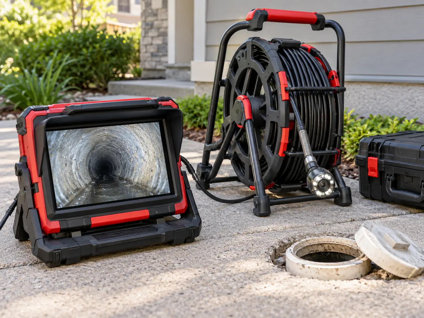 Sewer camera inspection equipment, including a cable reel and a monitor displaying the inside of a sewer line, staged beside an open cleanout