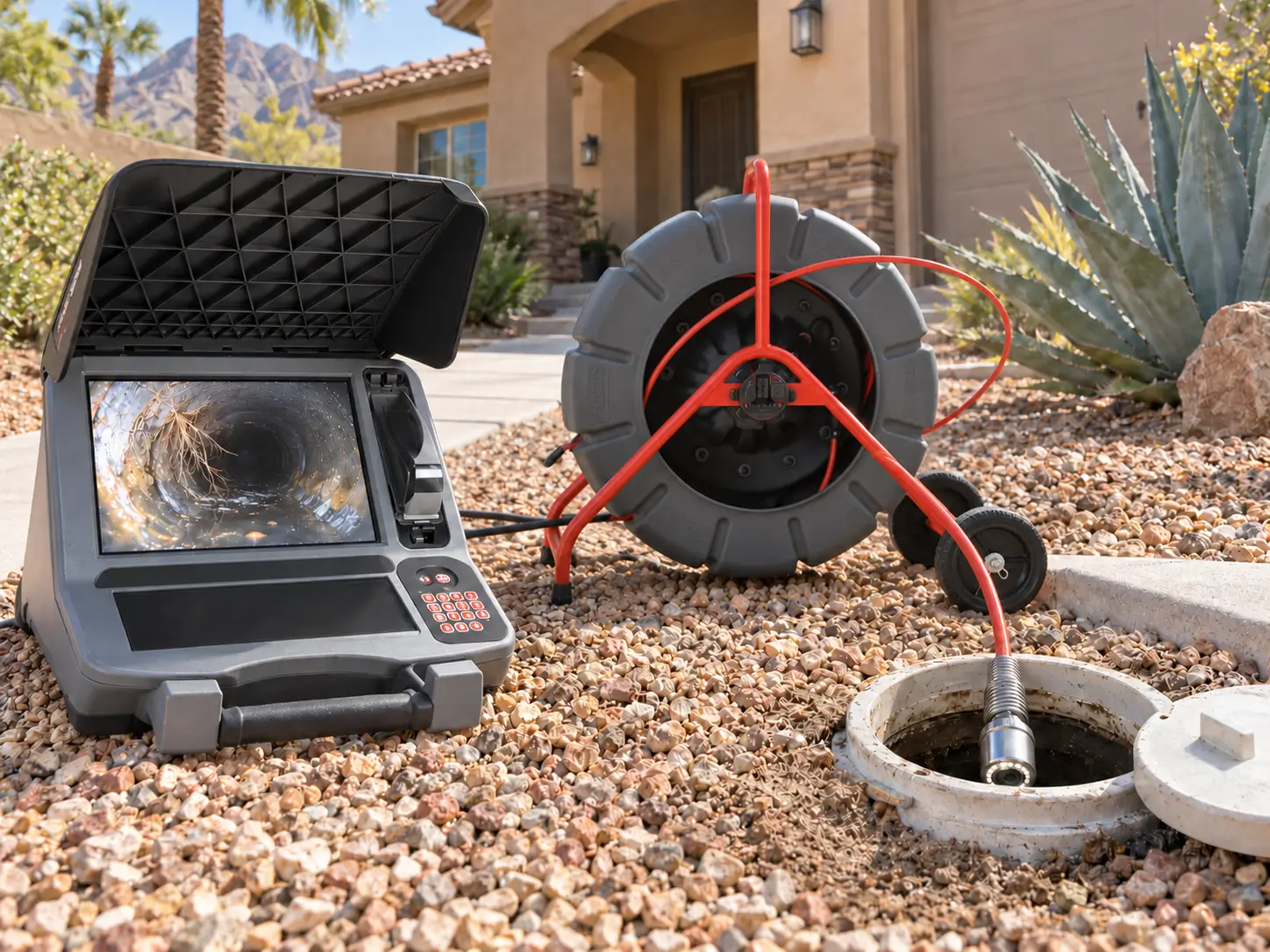 Sewer camera monitor displaying inspection evidence at a Las Vegas home