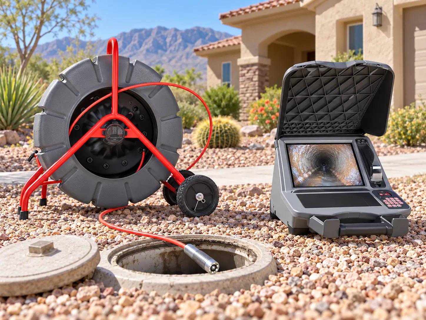 Sewer camera inspection equipment beside a Las Vegas Valley home