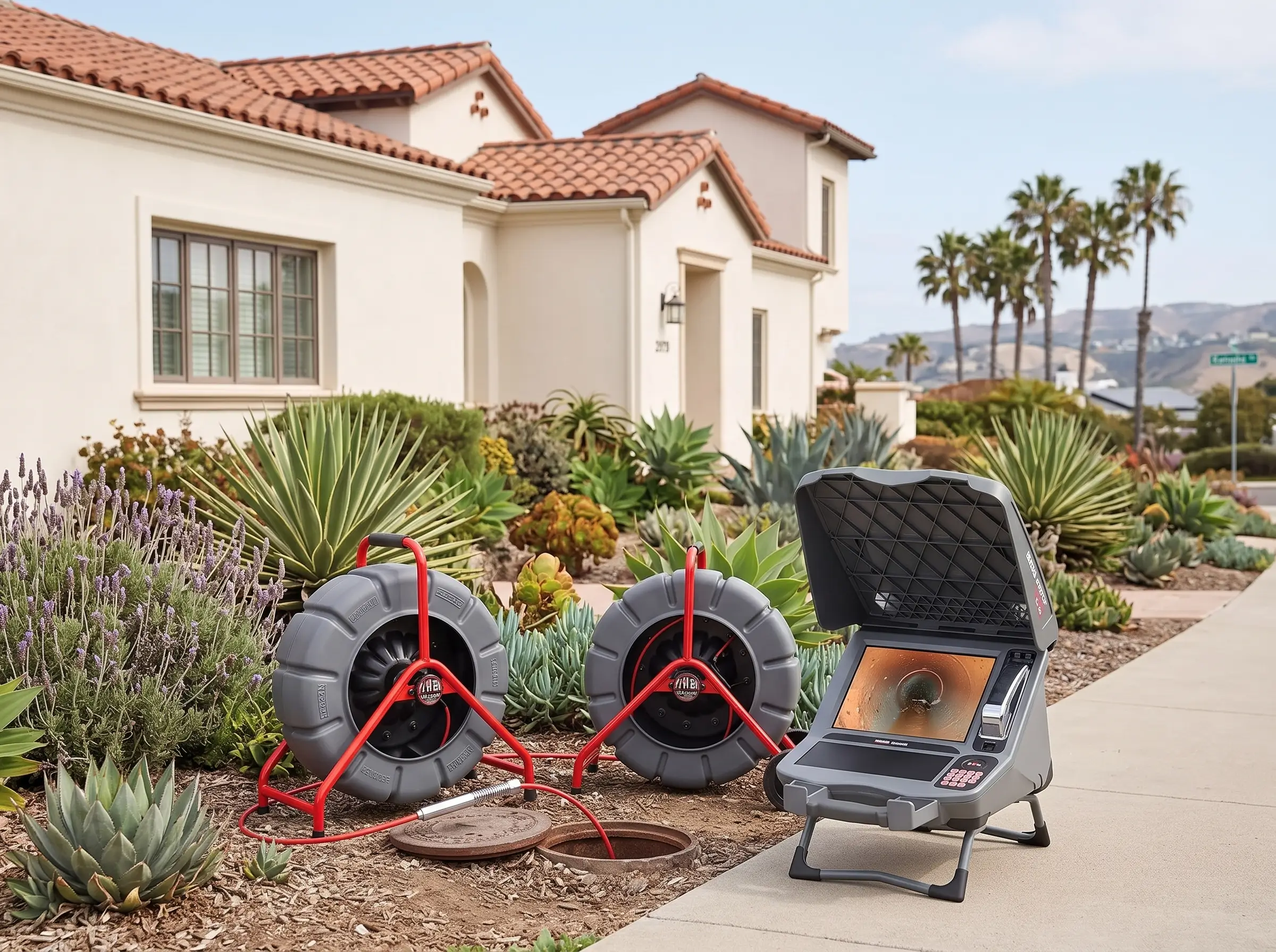 Sewer camera equipment documenting visible pipe conditions at a San Diego property