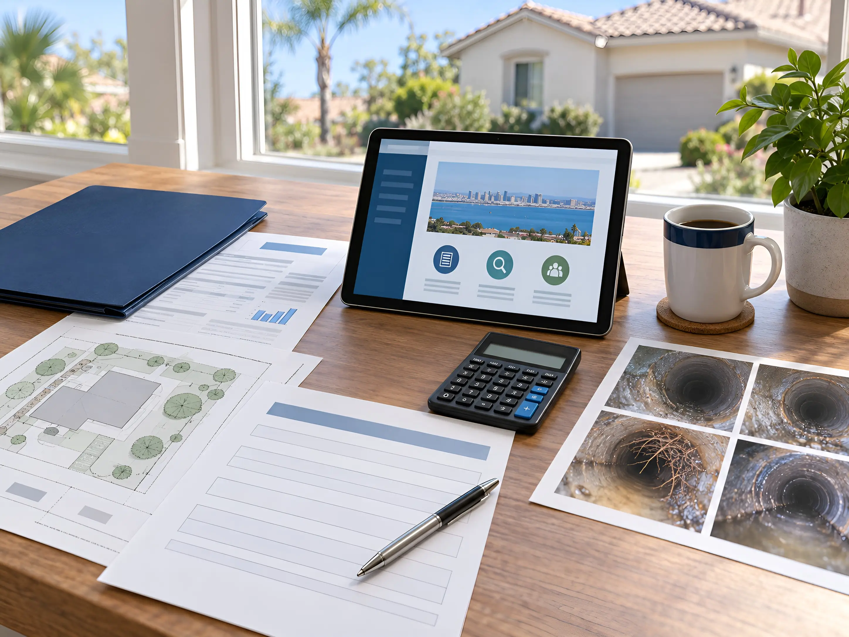 Property planning documents representing sewer lateral assistance research in San Diego County