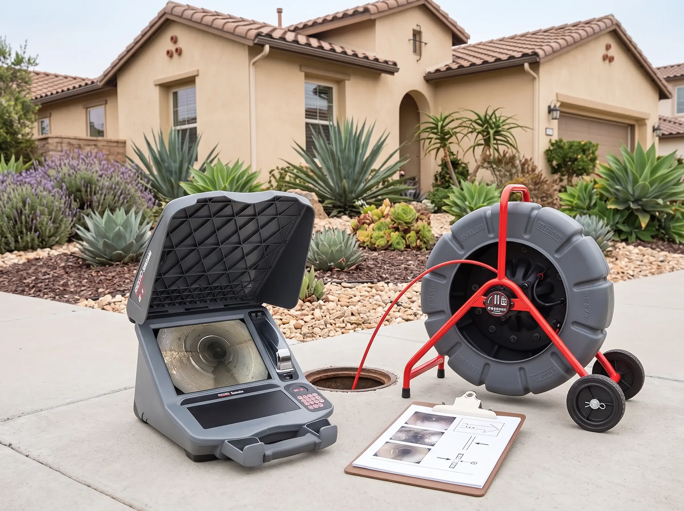 Sewer camera monitor and inspection documentation for a San Diego property
