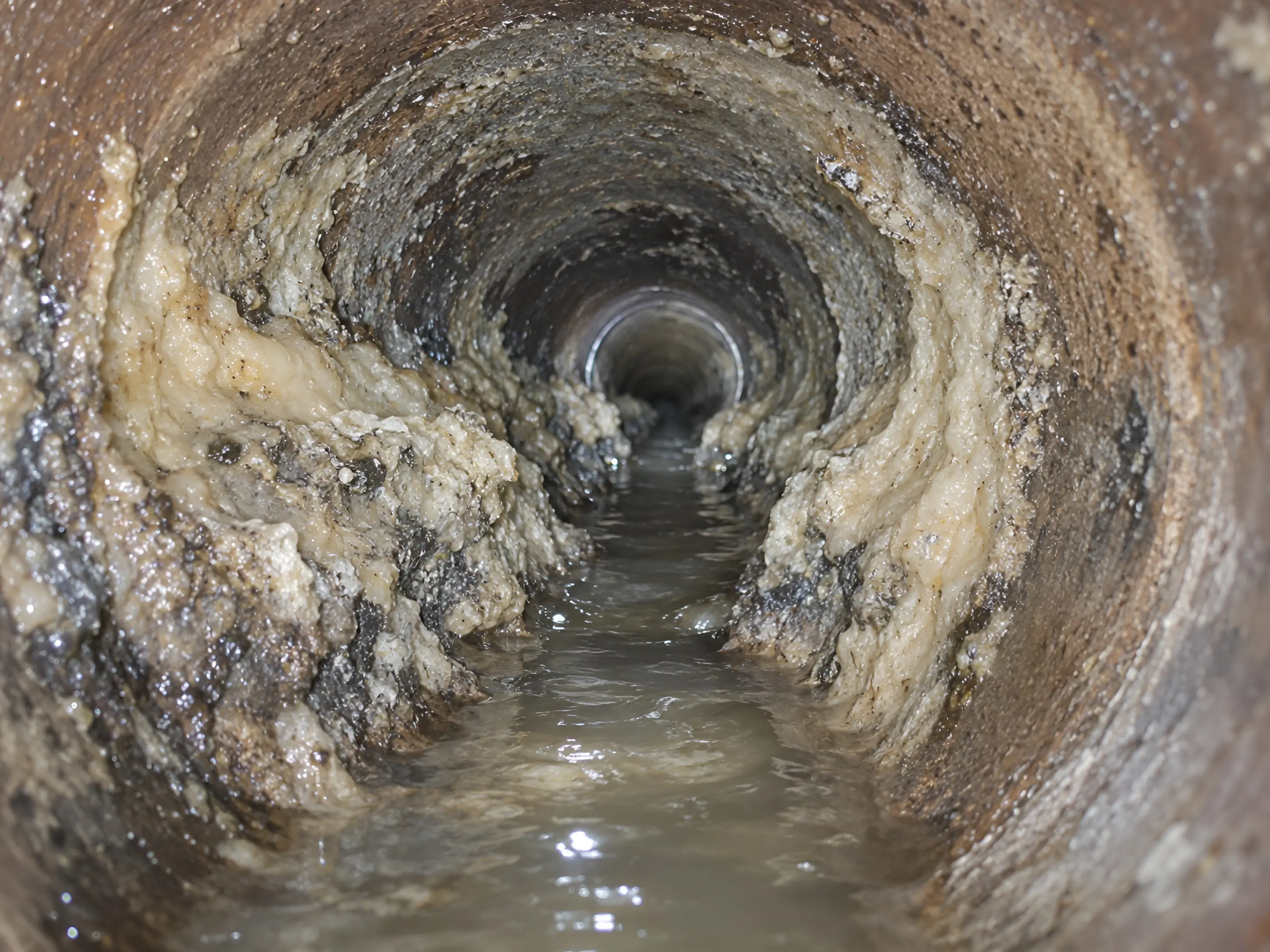 Camera view of a blockage restricting flow inside a sewer line