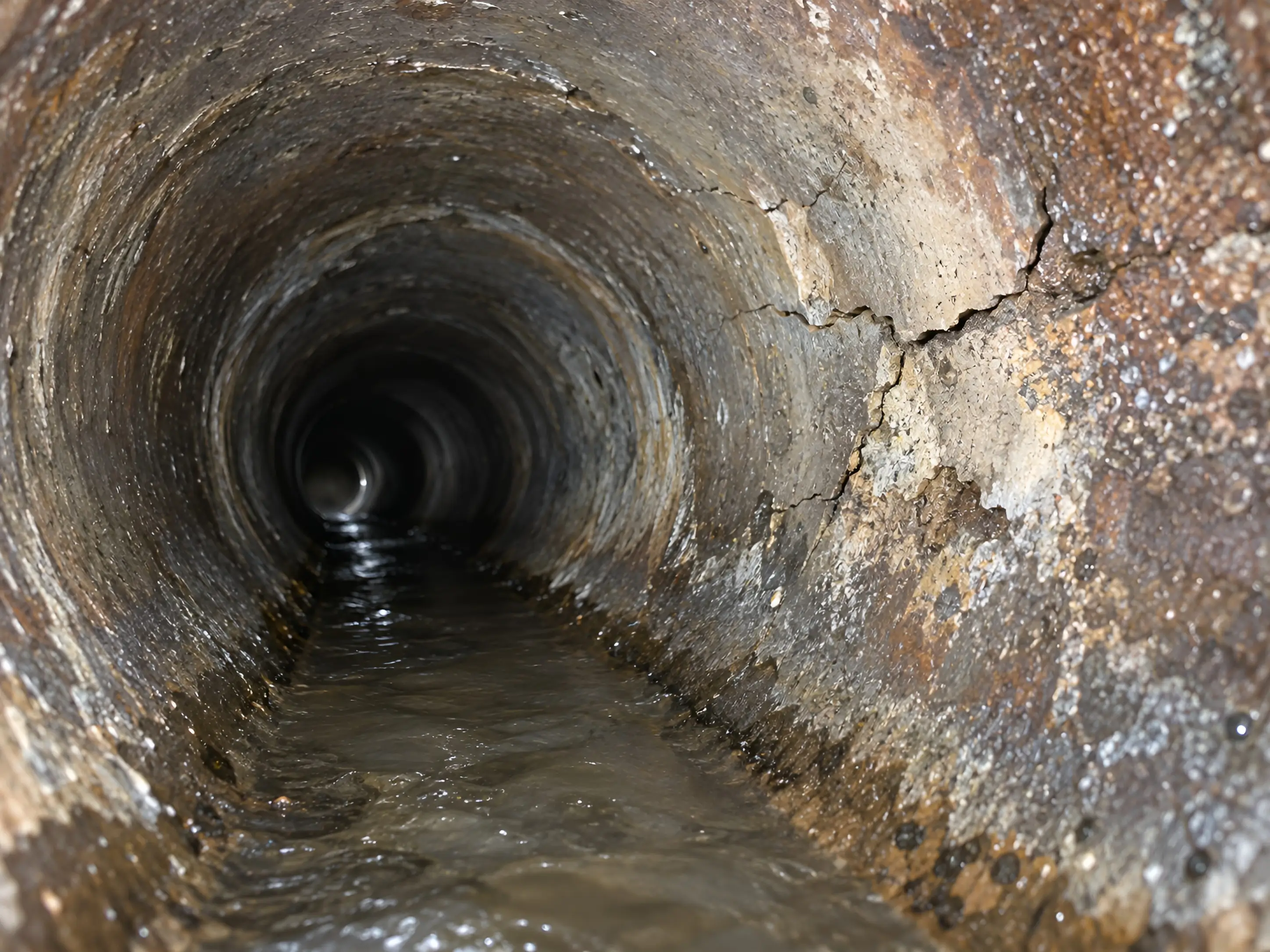Camera view of cracking and material deterioration in a sewer line