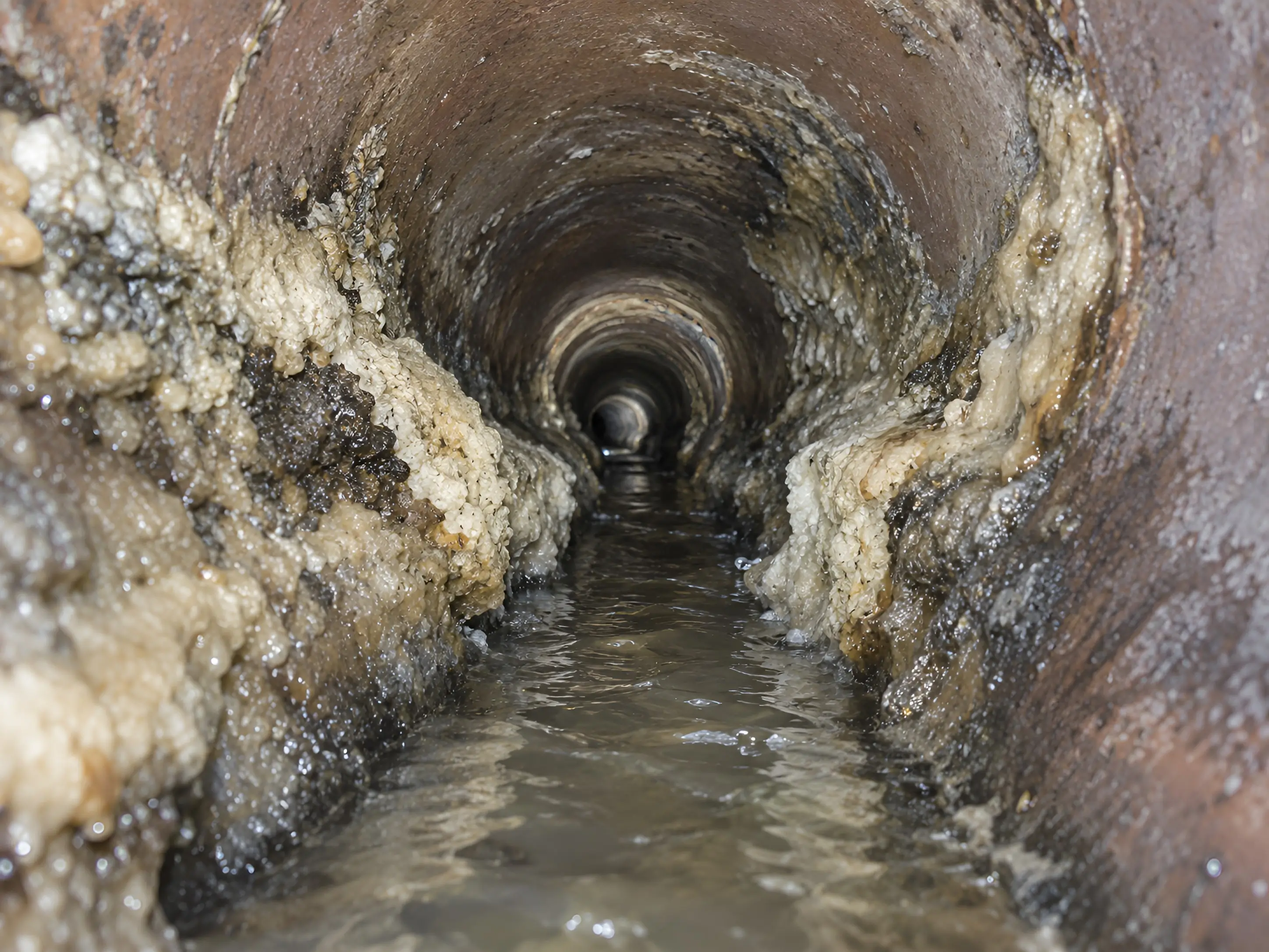 Camera view of grease and scale buildup narrowing the inside of a sewer line