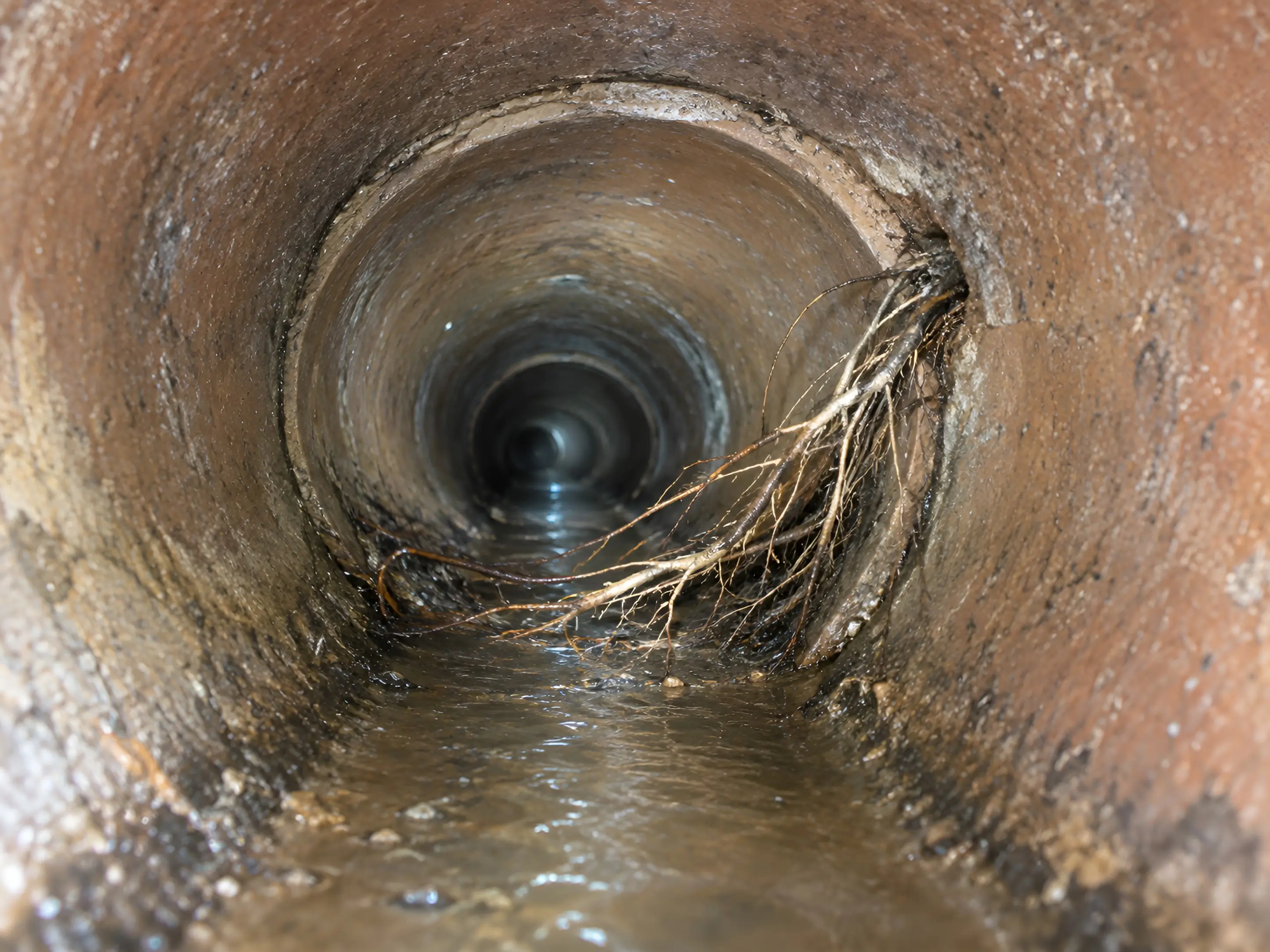 Camera view of roots entering a sewer line through a joint