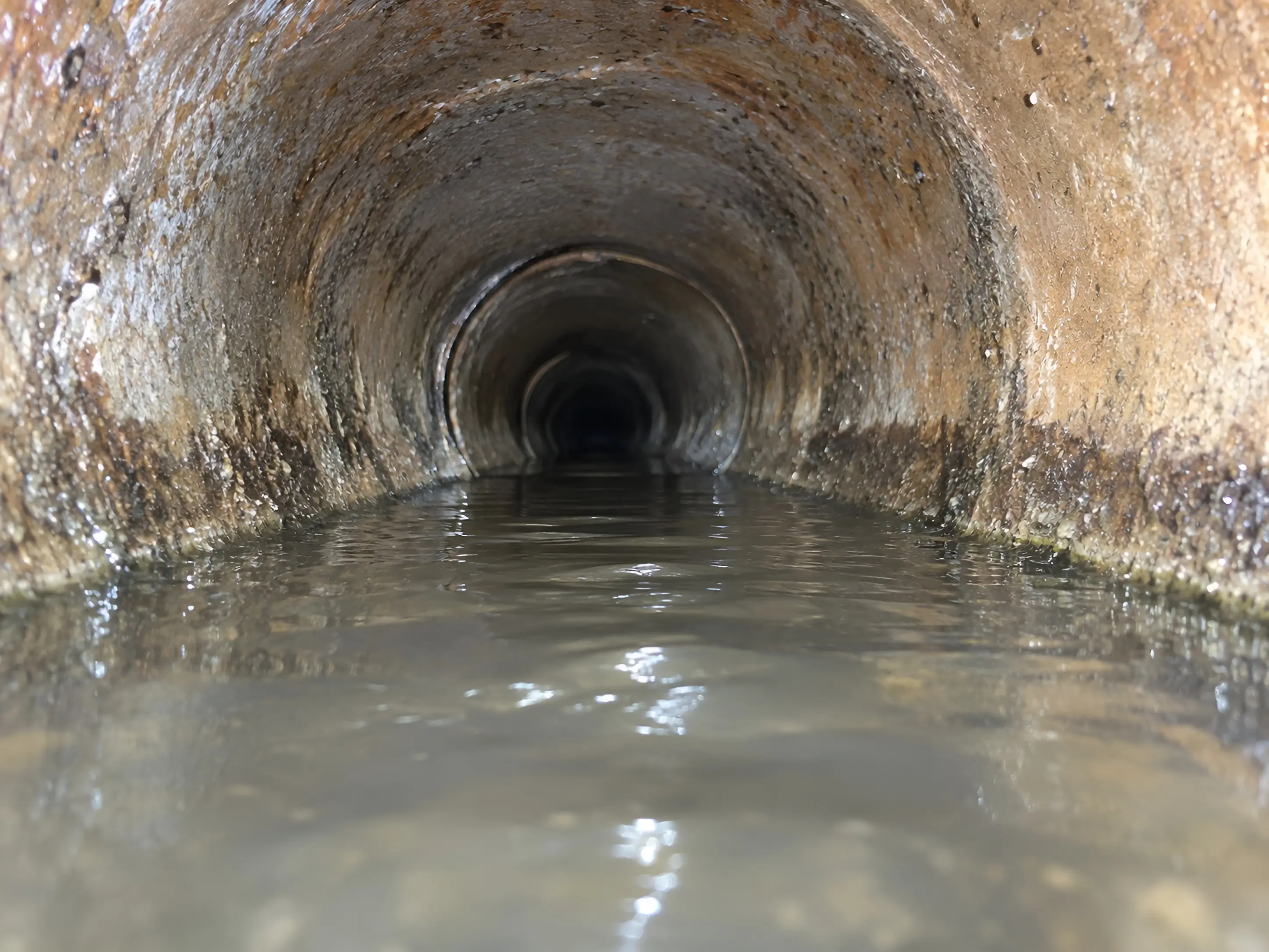 Camera view of standing water sitting in a section of sewer line