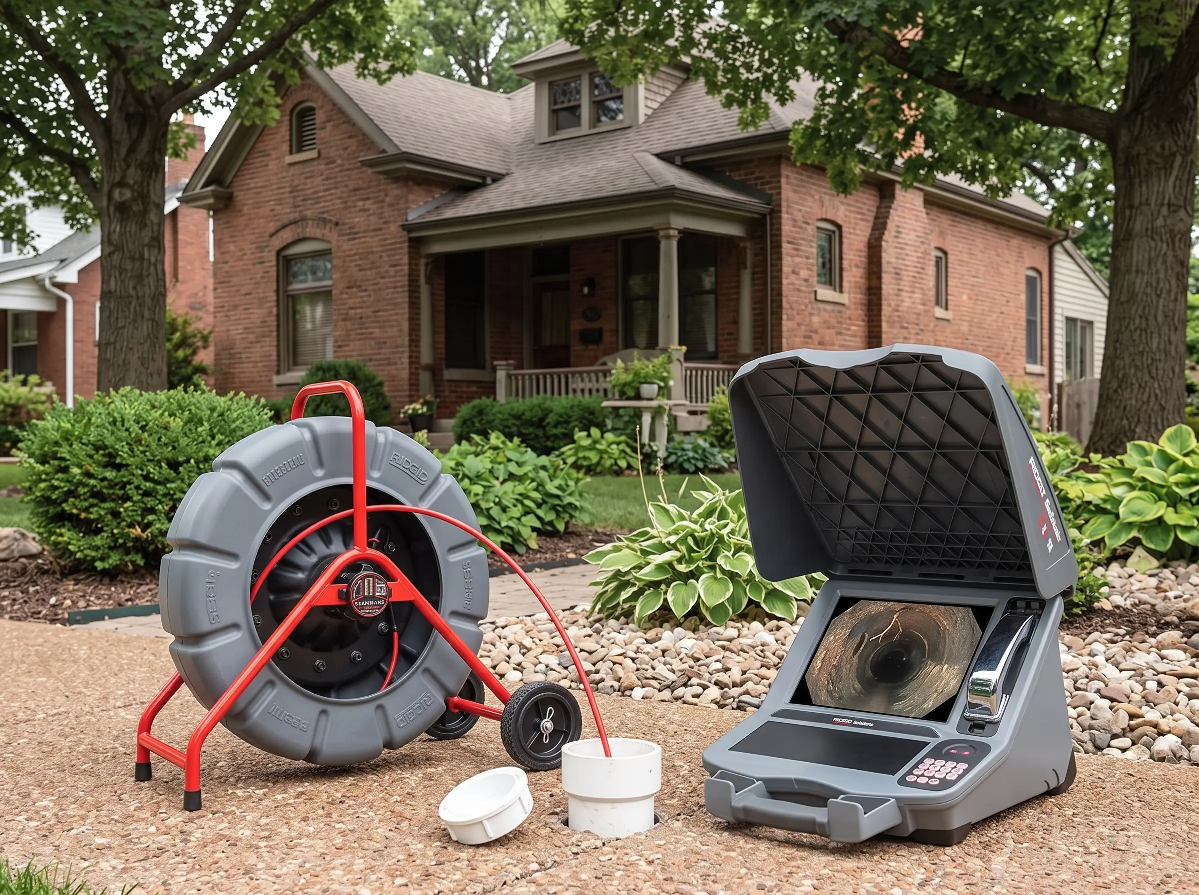 Sewer camera monitor and reel staged at a driveway cleanout at a brick home