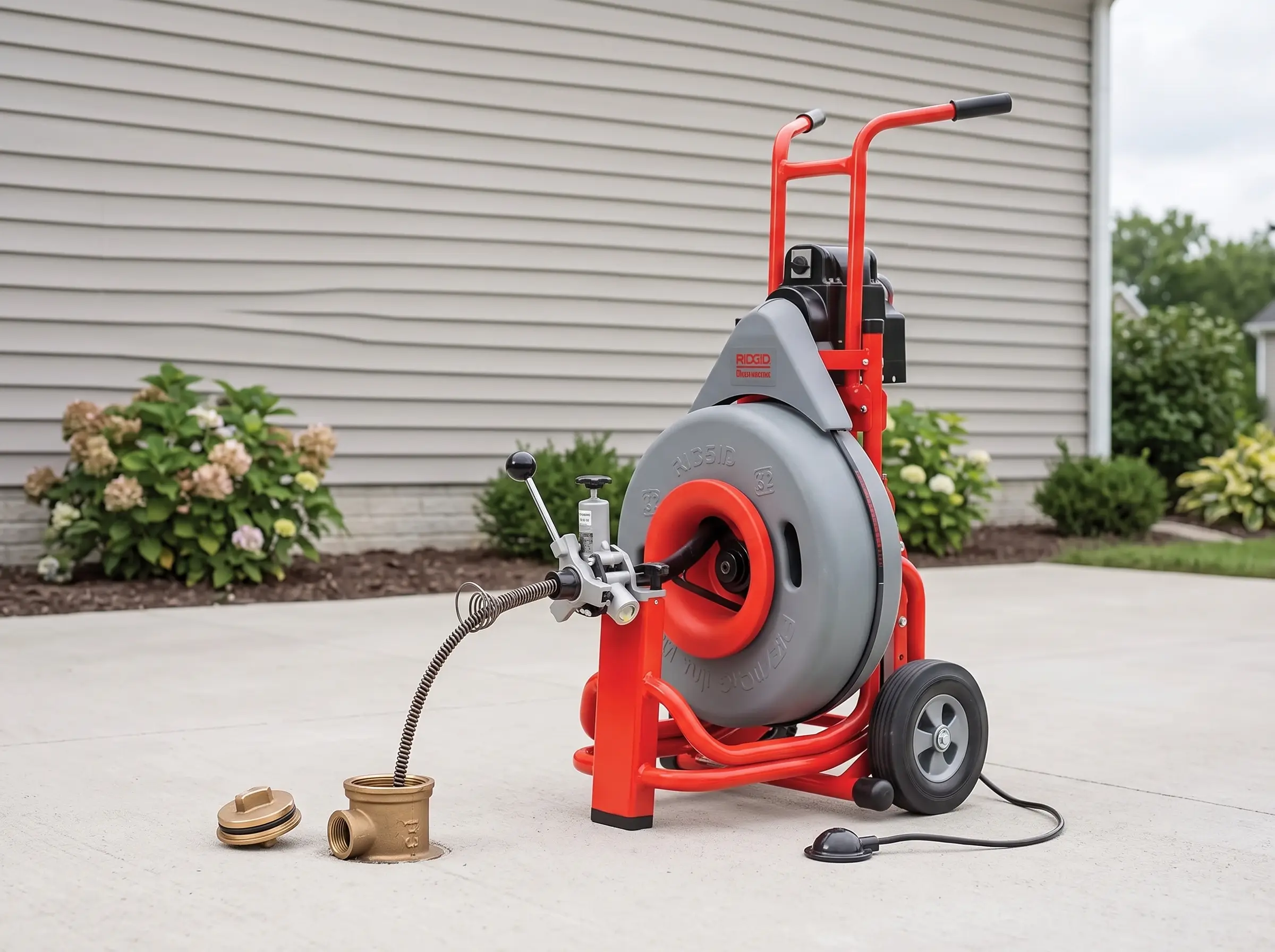 A RIDGID K-7500 drain-cleaning machine staged at a residential exterior cleanout