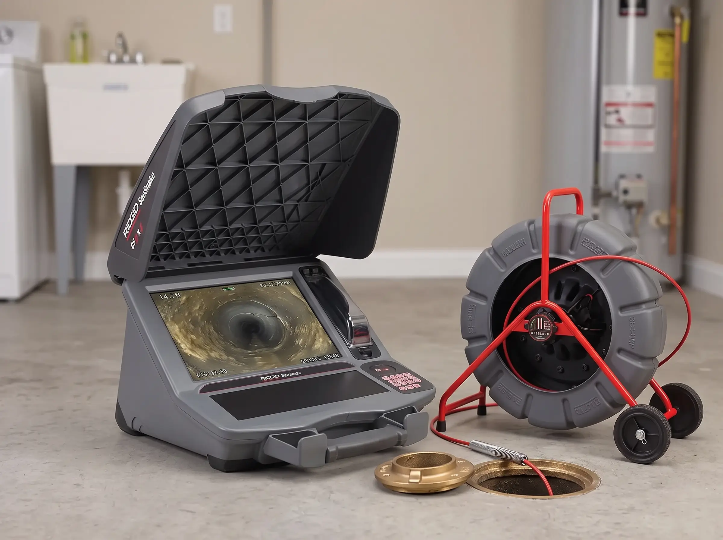 A RIDGID SeeSnake camera monitor and reel staged beside an indoor cleanout