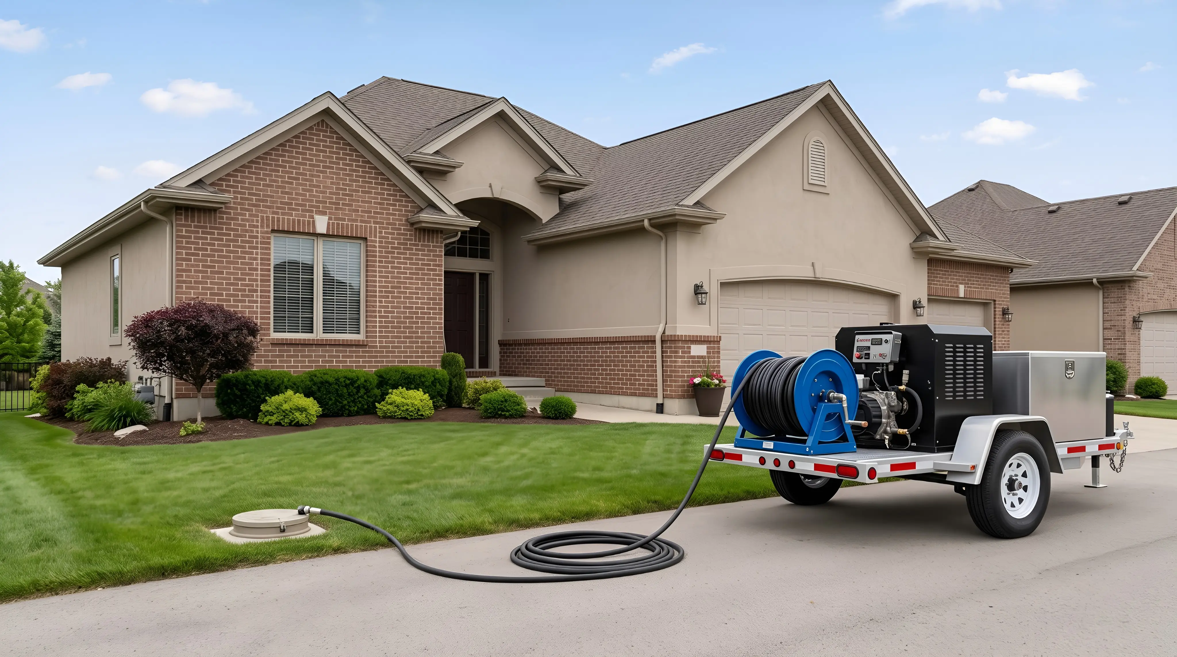 Hydro jetting hose and equipment staged at an exterior sewer cleanout