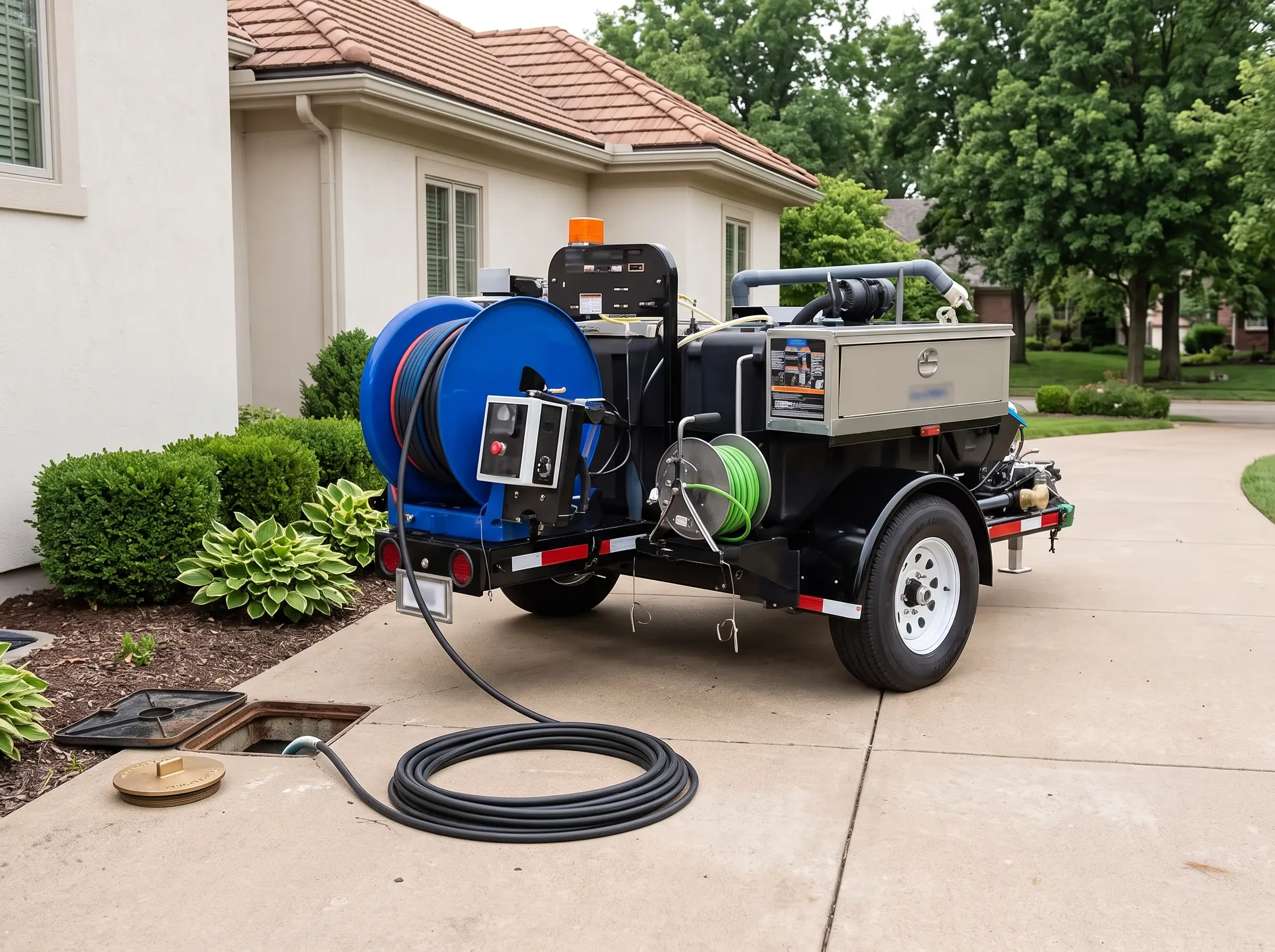 Hydro jetting equipment beside an accessible exterior cleanout