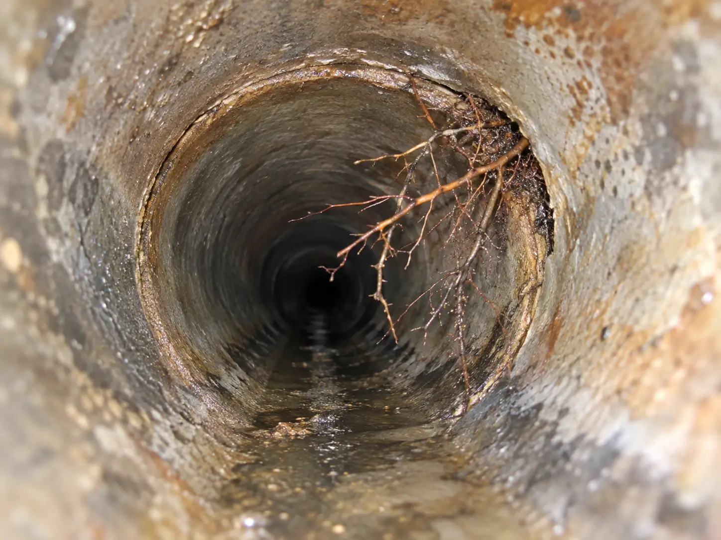 Camera view of tree roots entering a sewer pipe joint