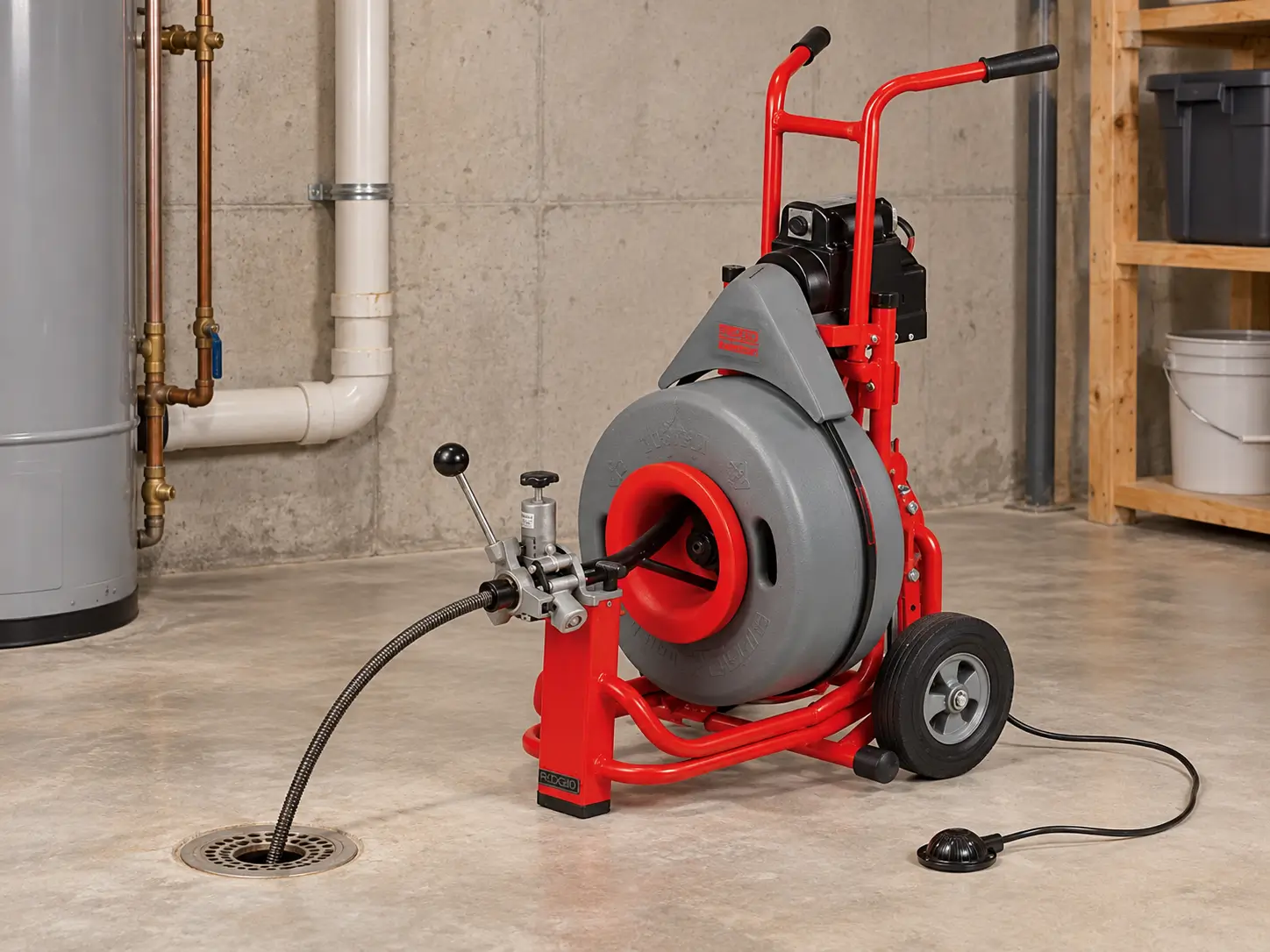 Drain cleaning machine feeding a cable into a floor drain