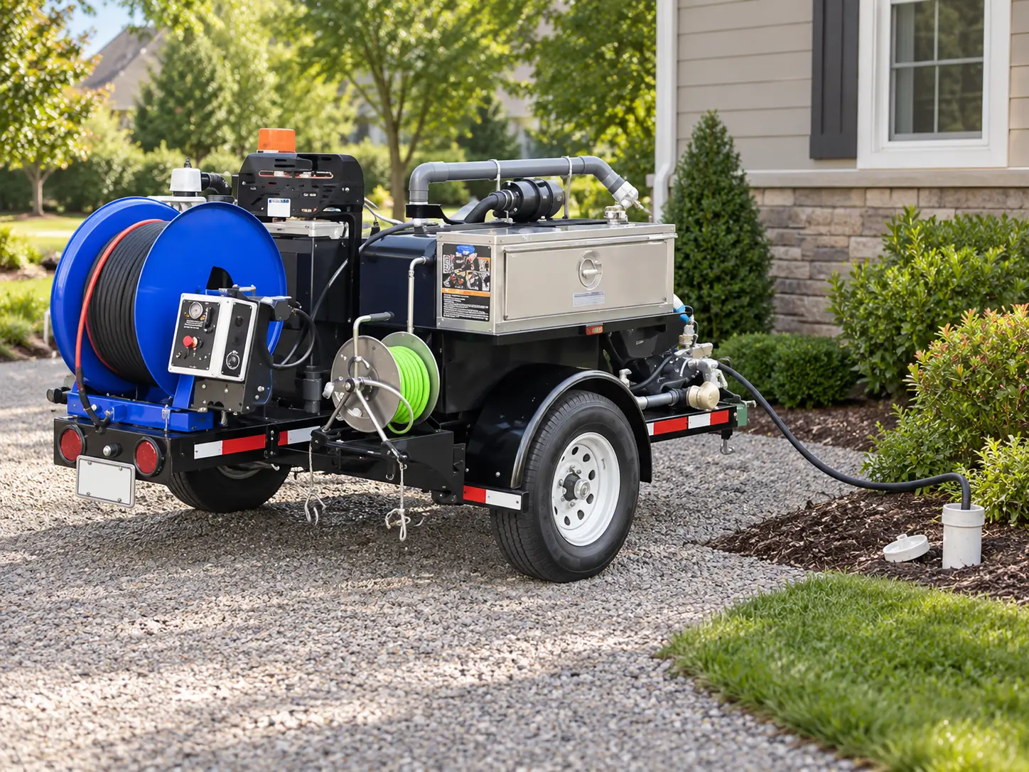 High-pressure jetting equipment running water into a sewer cleanout