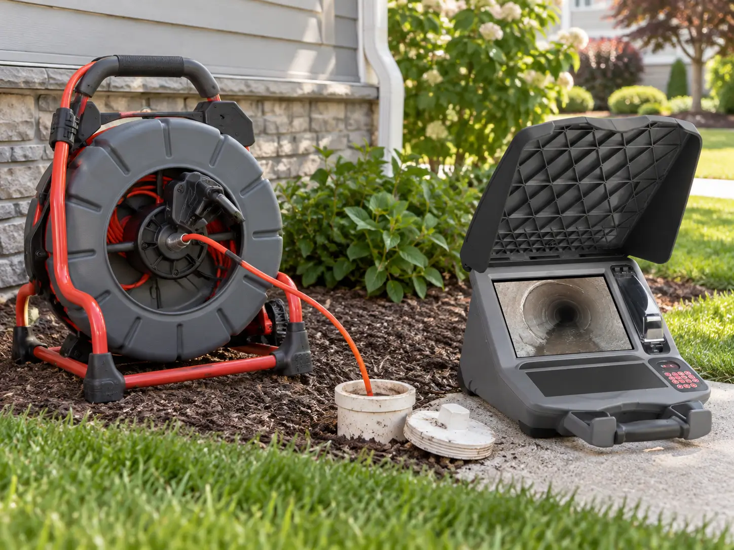 Camera monitor and inspection equipment staged at a property driveway