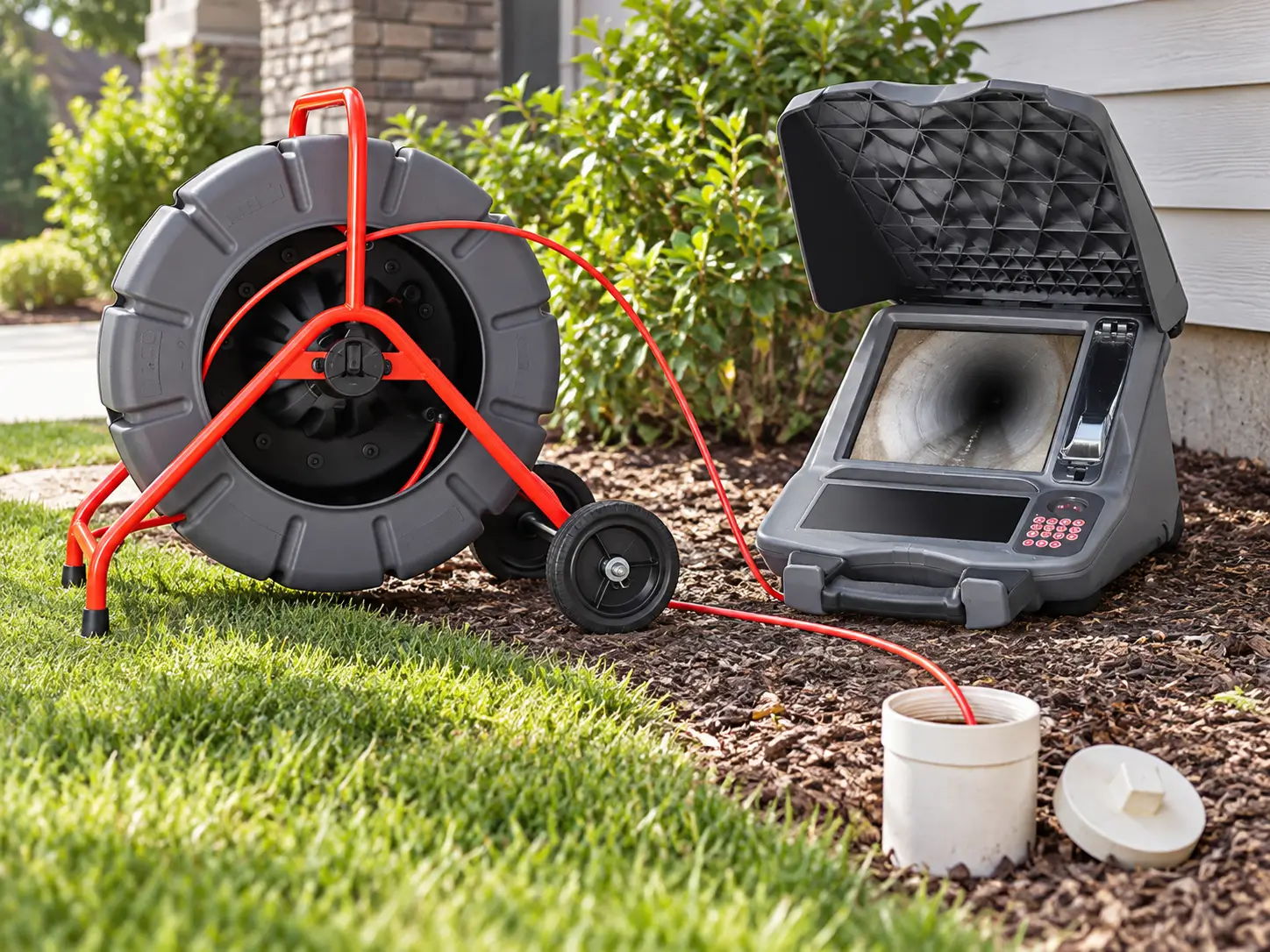 Camera, cleaning, and jetting equipment staged together at a property