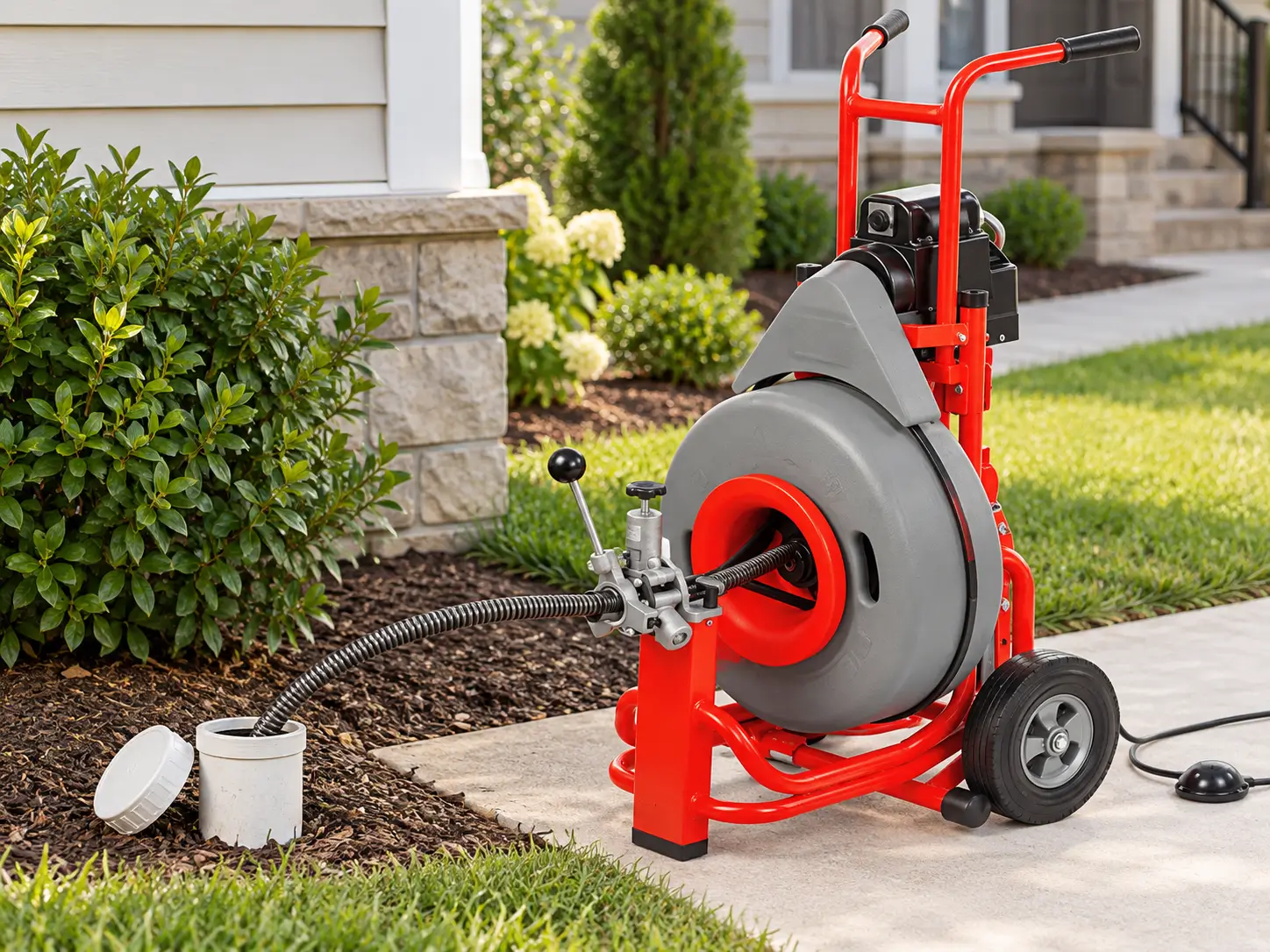Sewer cleaning equipment connected to an open cleanout at a driveway