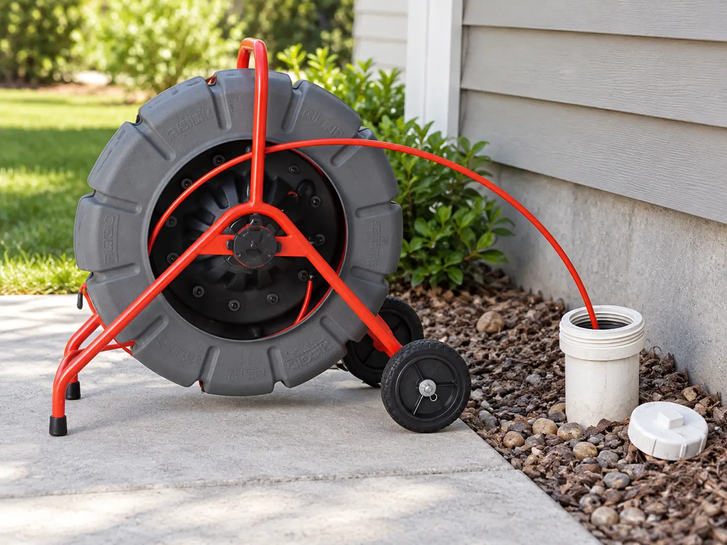 RIDGID SeeSnake-series camera reel with push cable and camera head, next to a monitor on a concrete surface