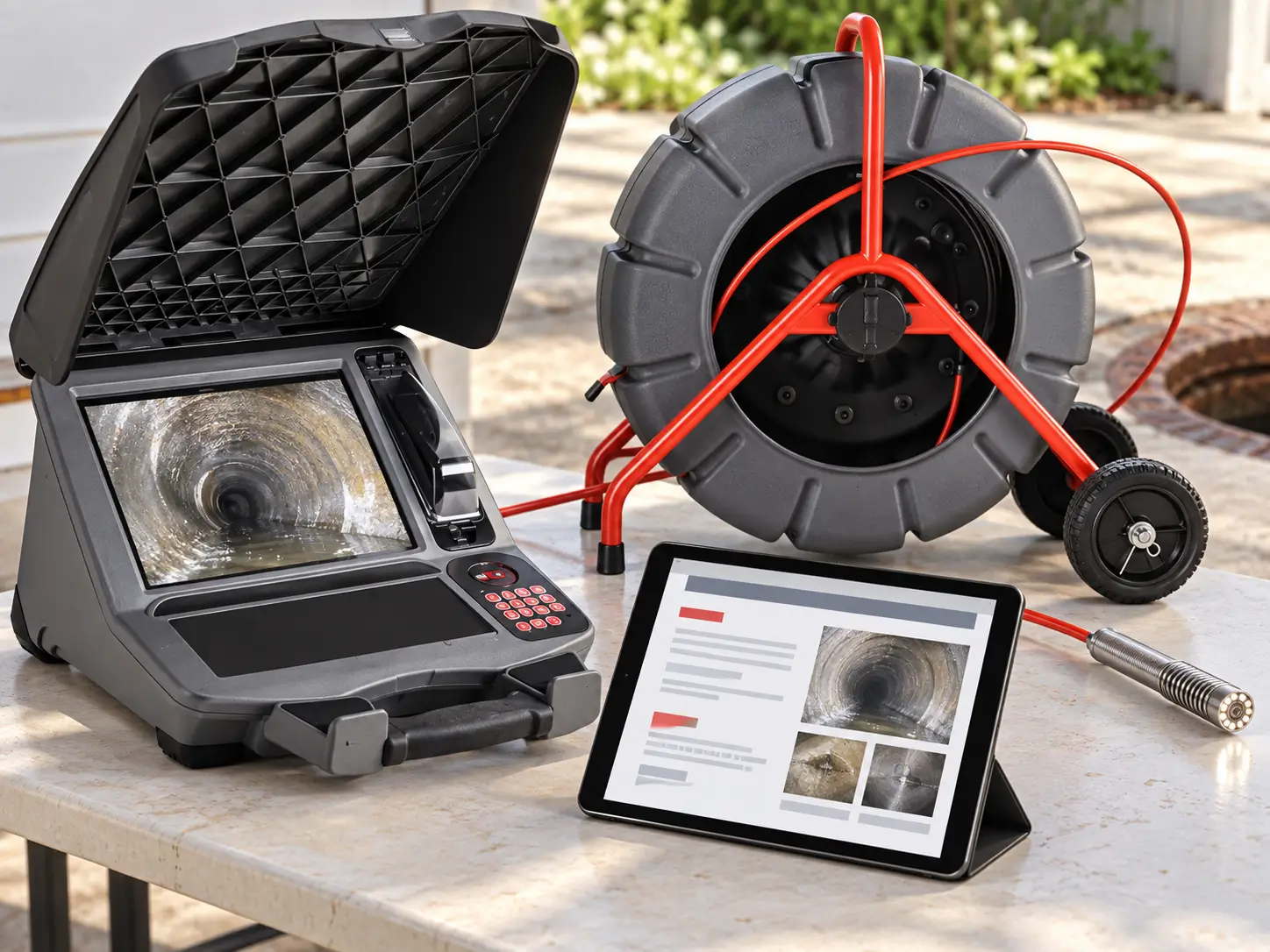 RIDGID SeeSnake-series monitor showing sewer pipe footage beside a tablet displaying an inspection report with pipe images, in front of a camera reel and equipment case