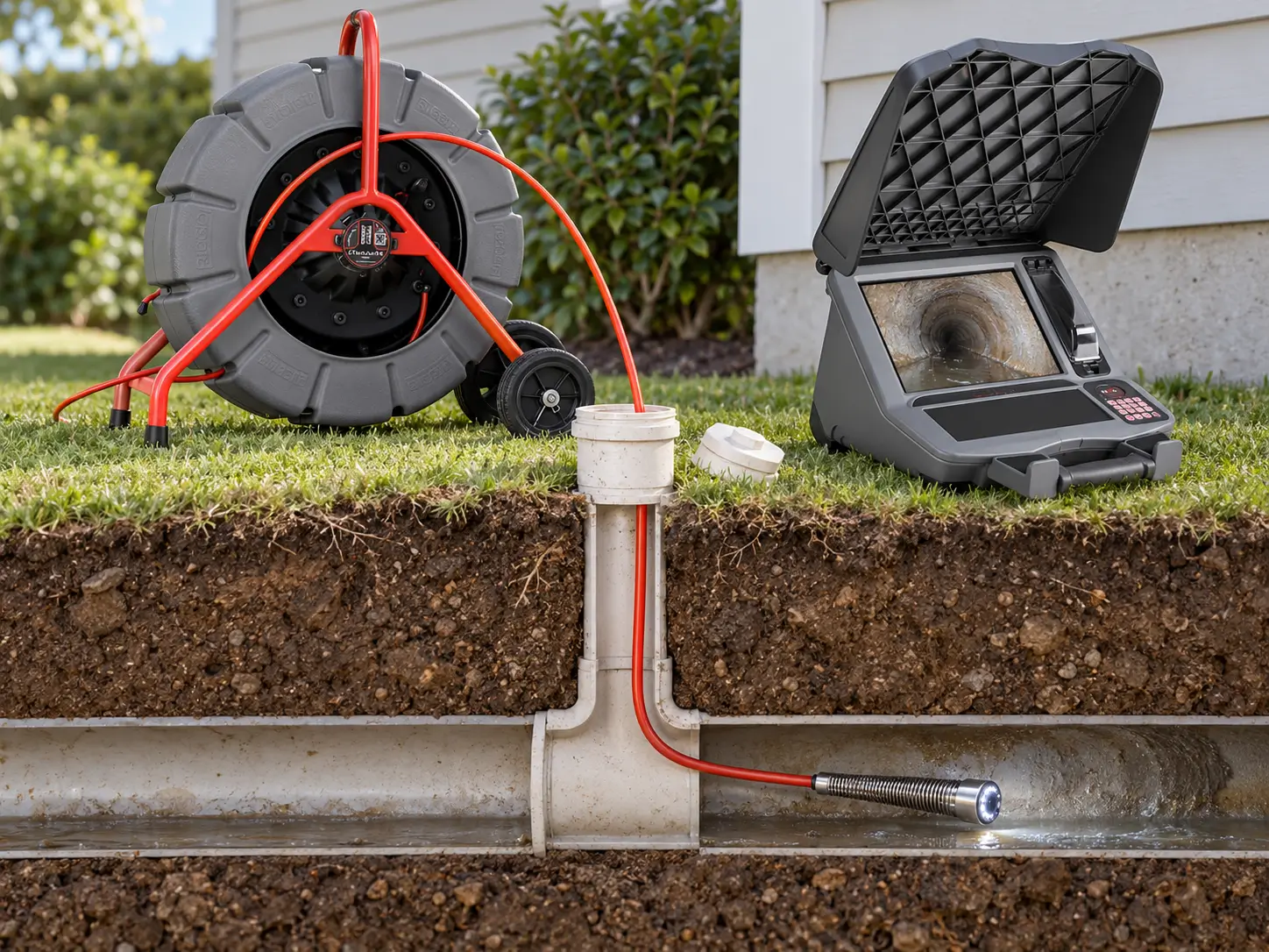 Cutaway view of a camera reel beside a house, with the cable running through an open cleanout and down into an underground sewer pipe