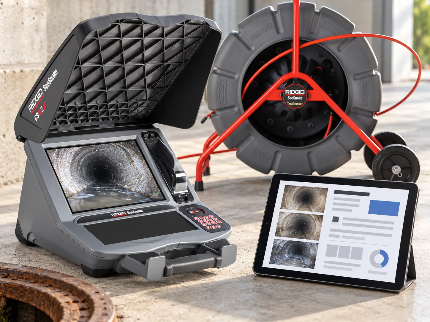 Rugged inspection monitor showing pipe footage beside a tablet displaying an inspection summary with pipe images, in front of a camera reel