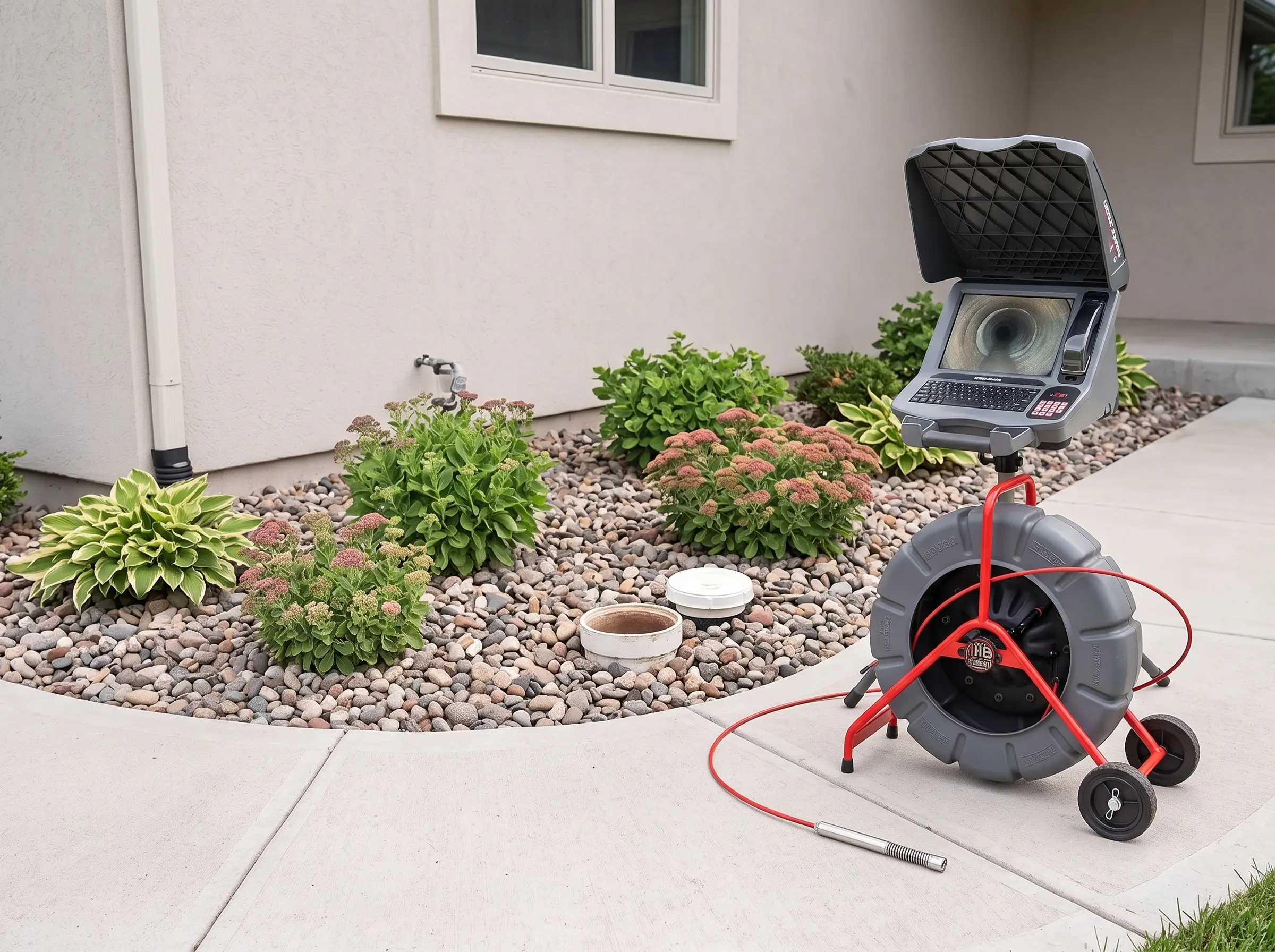 Sewer camera reel and monitor staged in a yard near a cleanout