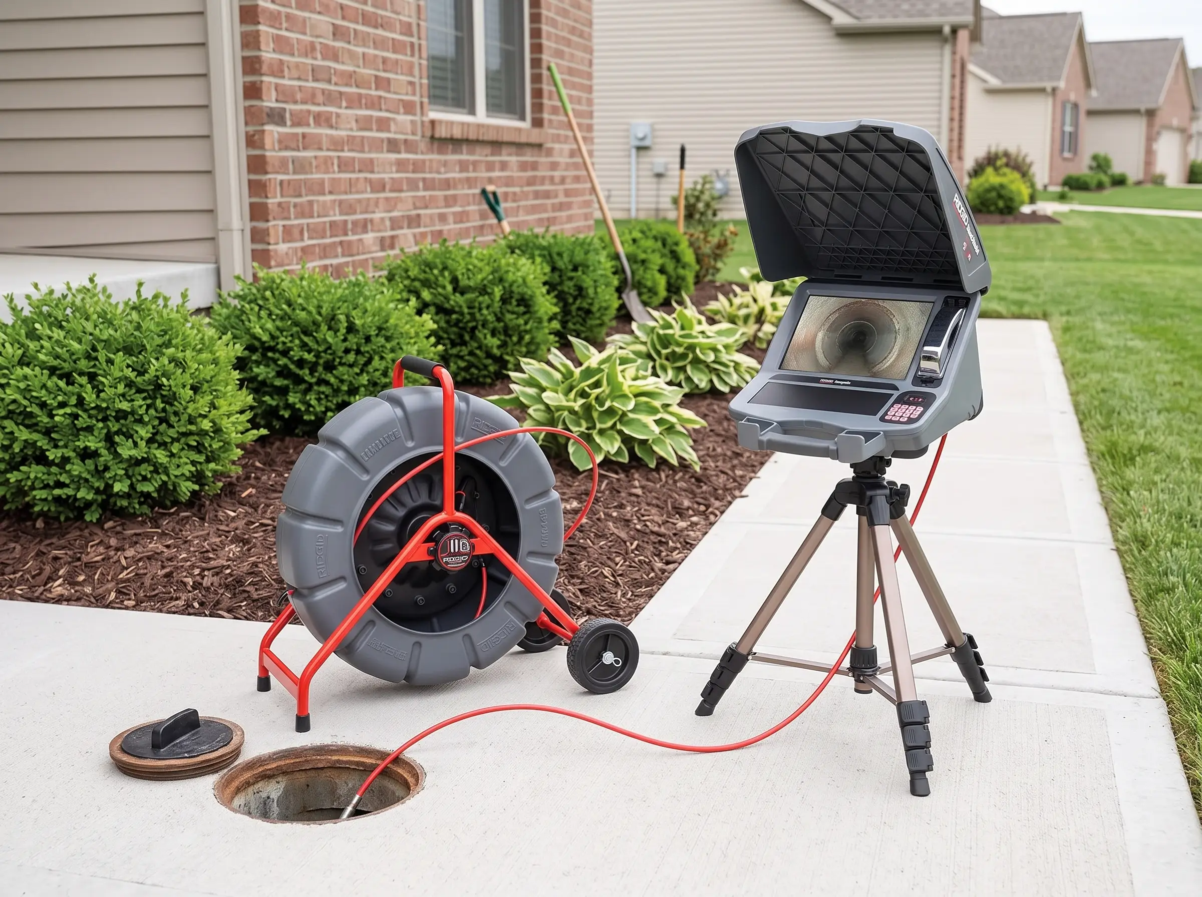 Sewer camera reel and inspection monitor staged beside an open cleanout