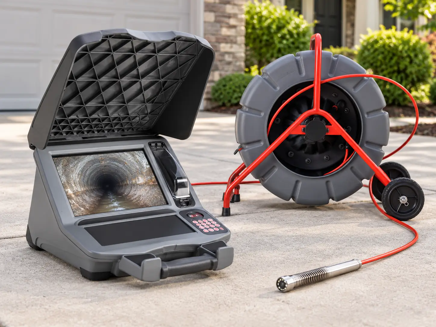 RIDGID SeeSnake series monitor showing sewer camera footage of a pipe interior, beside a camera reel and camera head