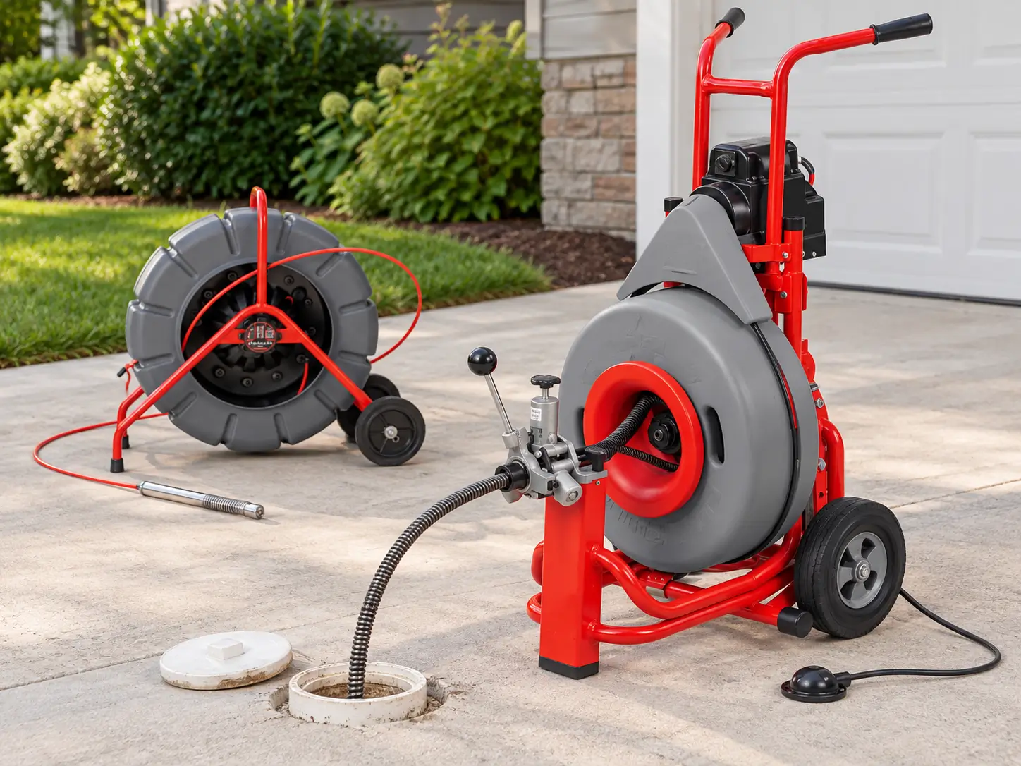 Sewer cleaning machine with its cable in an open cleanout, beside a separate RIDGID SeeSnake series camera reel and monitor