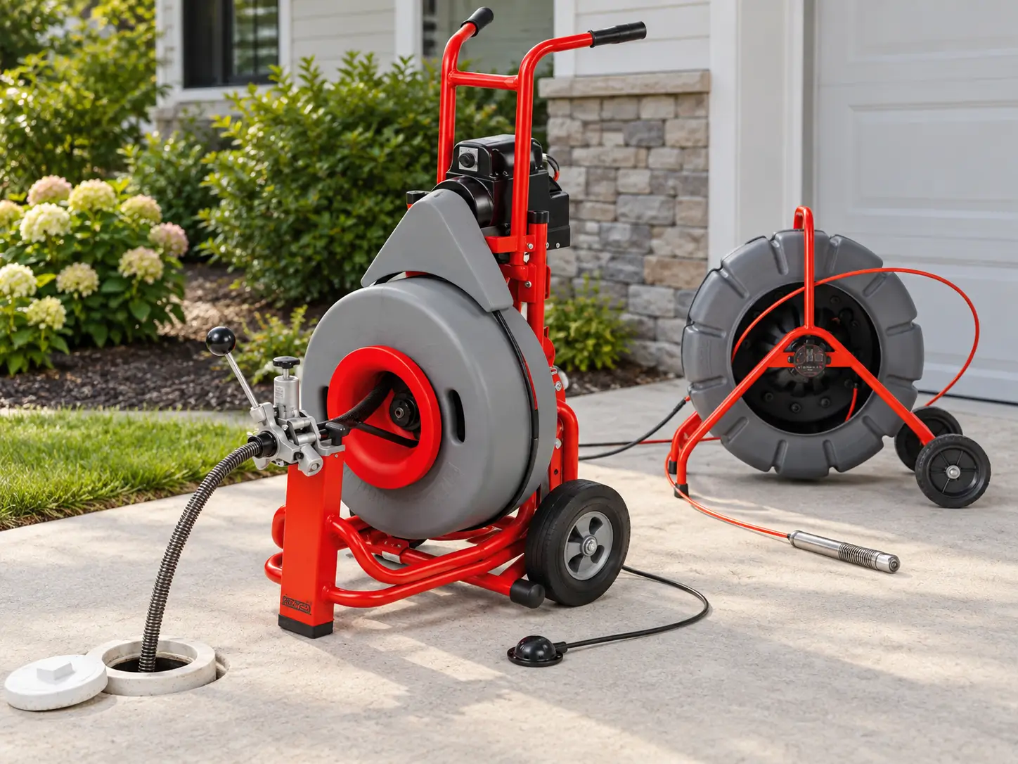 Sewer cleaning machine with its cable in an open cleanout, beside a separate RIDGID SeeSnake series camera reel and monitor