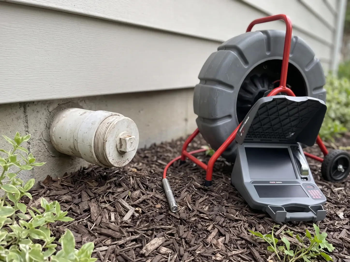 White threaded sewer cleanout cap at the base of an exterior wall, with a sewer camera reel and open monitor on the mulch beside it