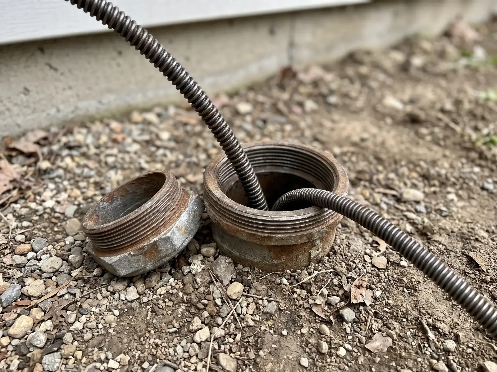A flexible cable entering an open threaded cleanout fitting beside a house foundation