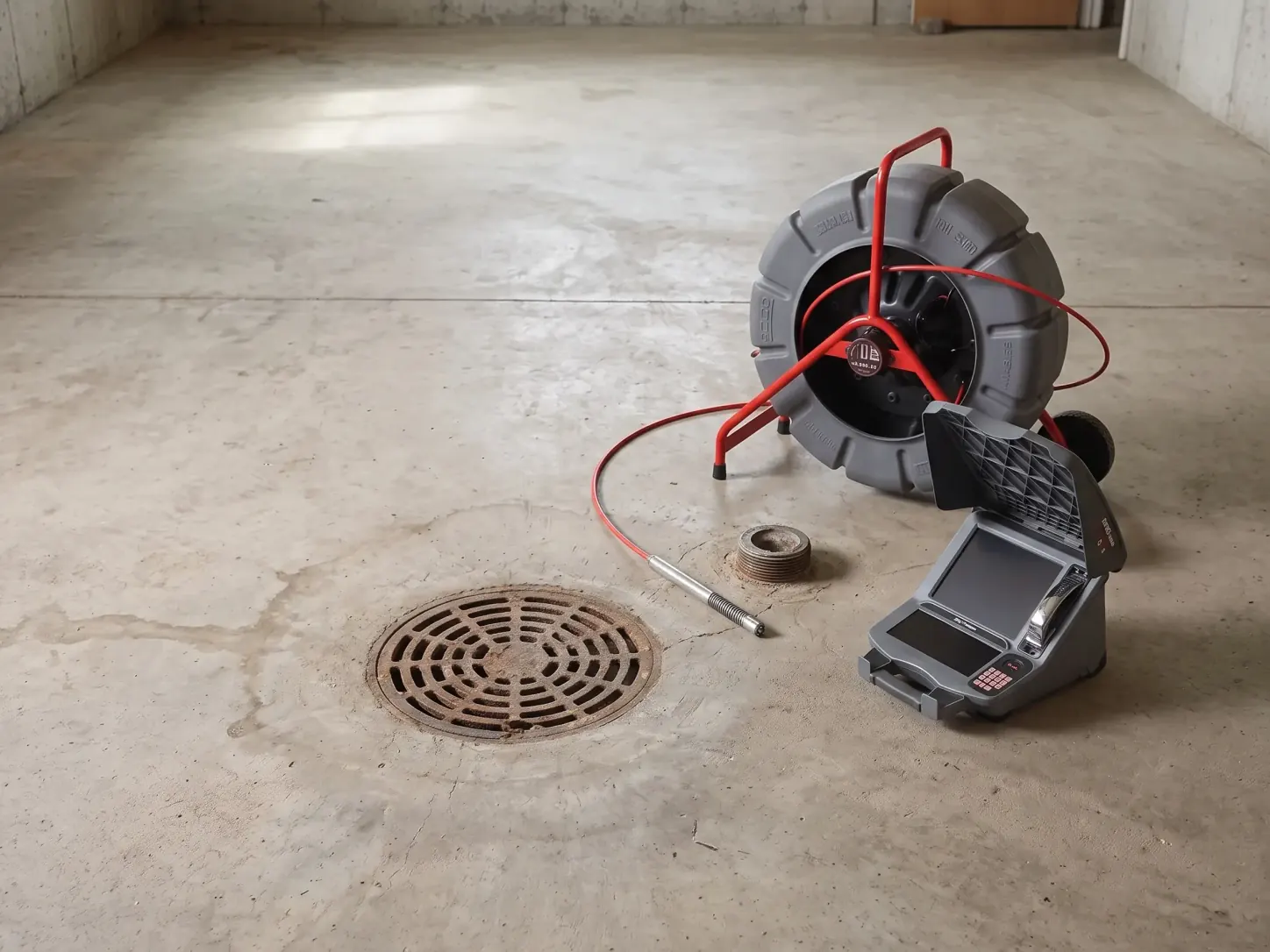 Concrete floor with a round drain grate and a threaded fitting, with a sewer camera reel and open monitor beside them