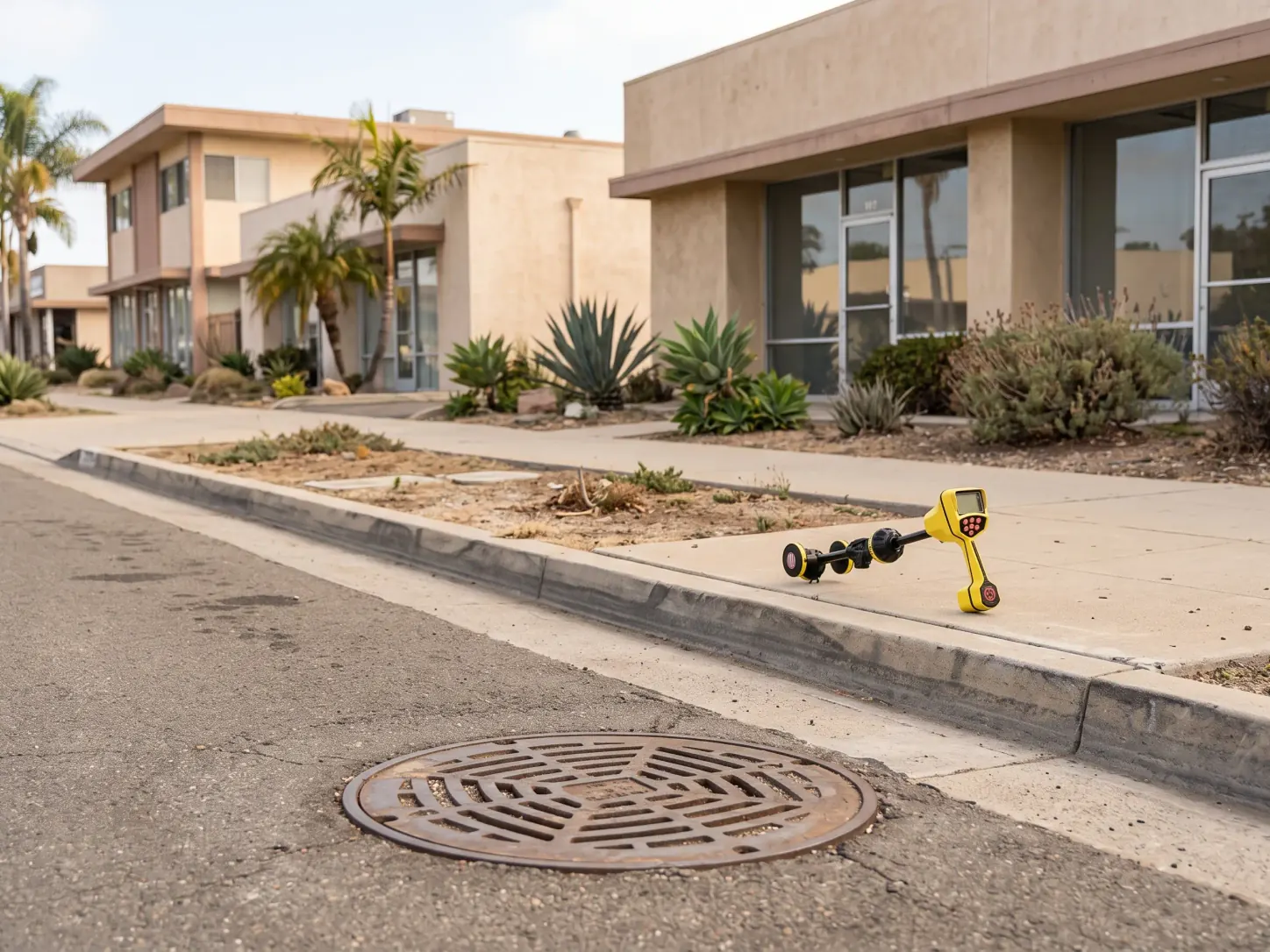 Street with a manhole cover in the pavement, low buildings with glass windows beyond, and a yellow locator receiver on the sidewalk