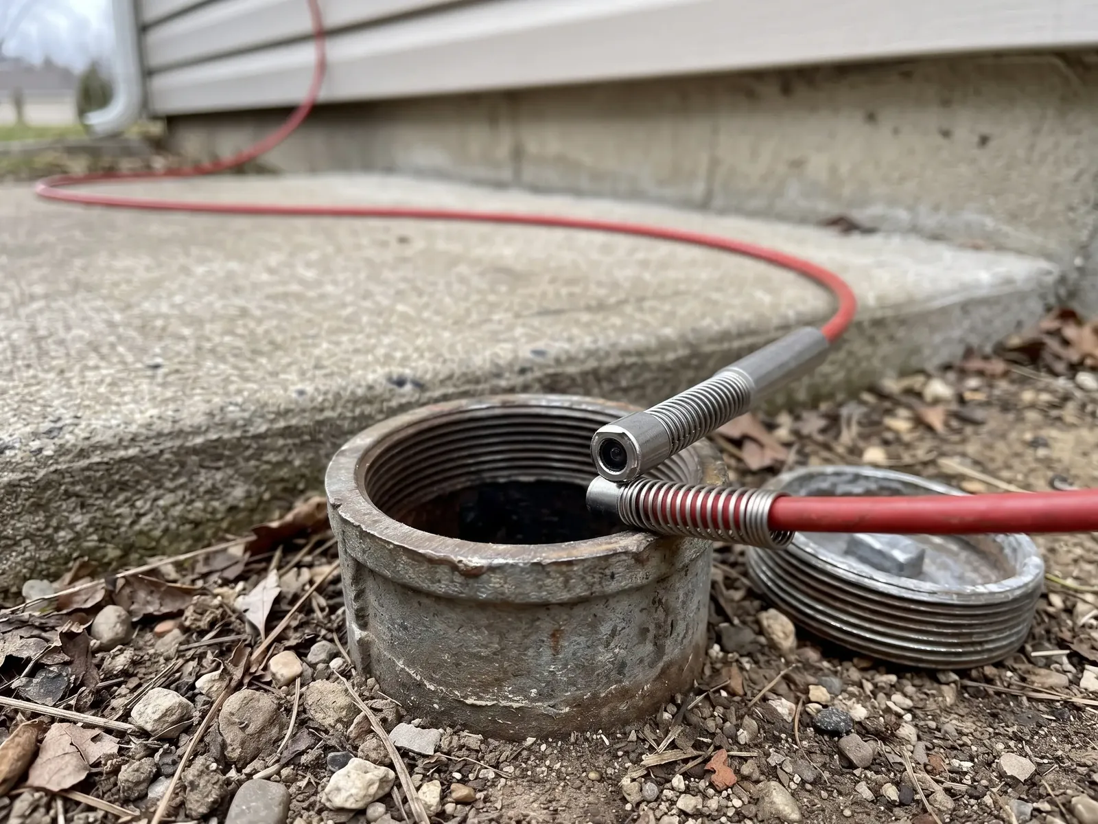 A sewer camera head on a red push cable resting on an open threaded cleanout beside a house wall