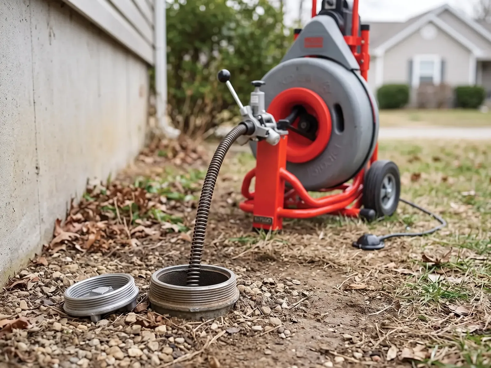 A red cleaning machine with its cable running into an open cleanout beside a house