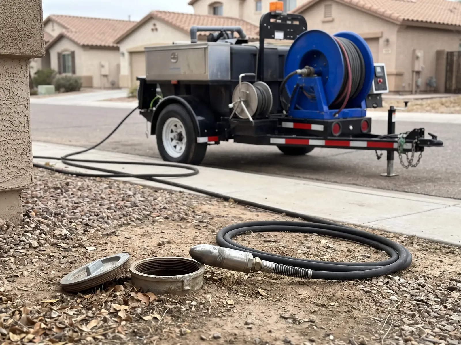 A jetting nozzle and hose coiled beside an open cleanout, with a hose trailer parked on the street behind