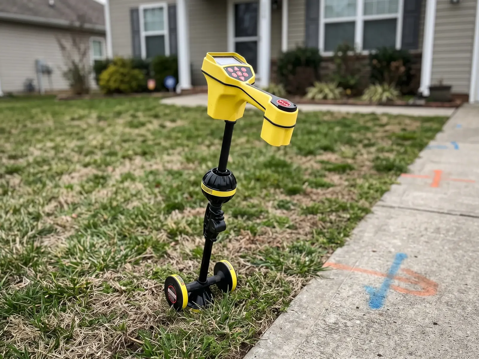 A yellow handheld locator receiver standing on a lawn beside a sidewalk with orange and blue paint marks