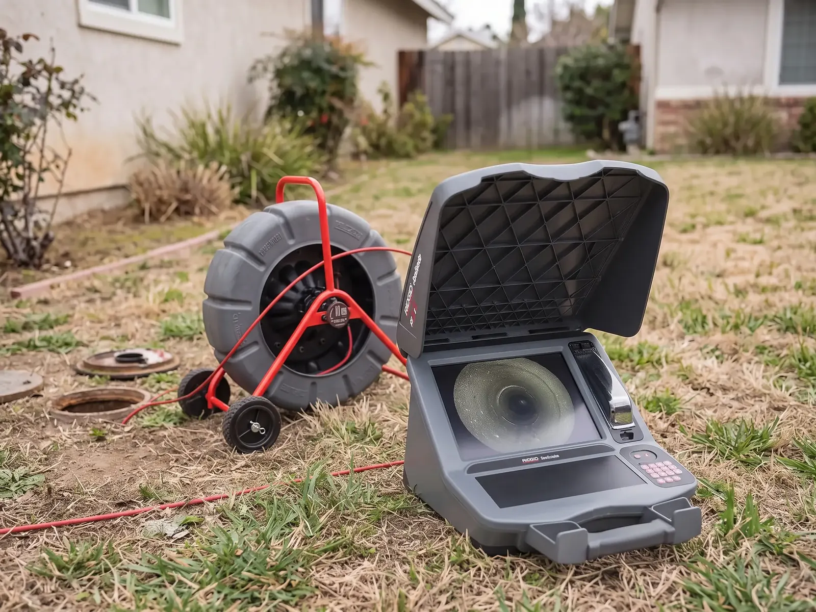 Sewer camera reel and an open monitor showing the inside of a pipe, set on a lawn between two houses