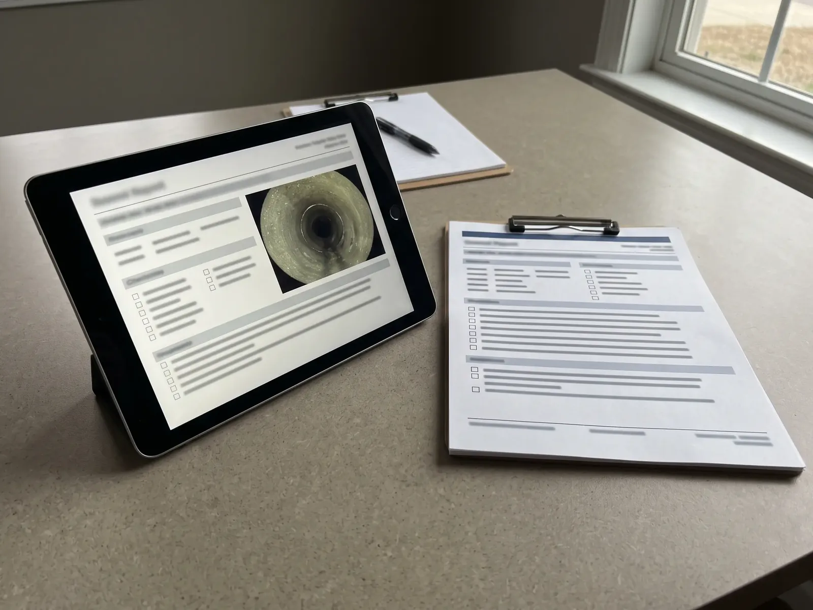 A tablet showing a blurred document and a pipe image, beside a printed form on a clipboard on a table
