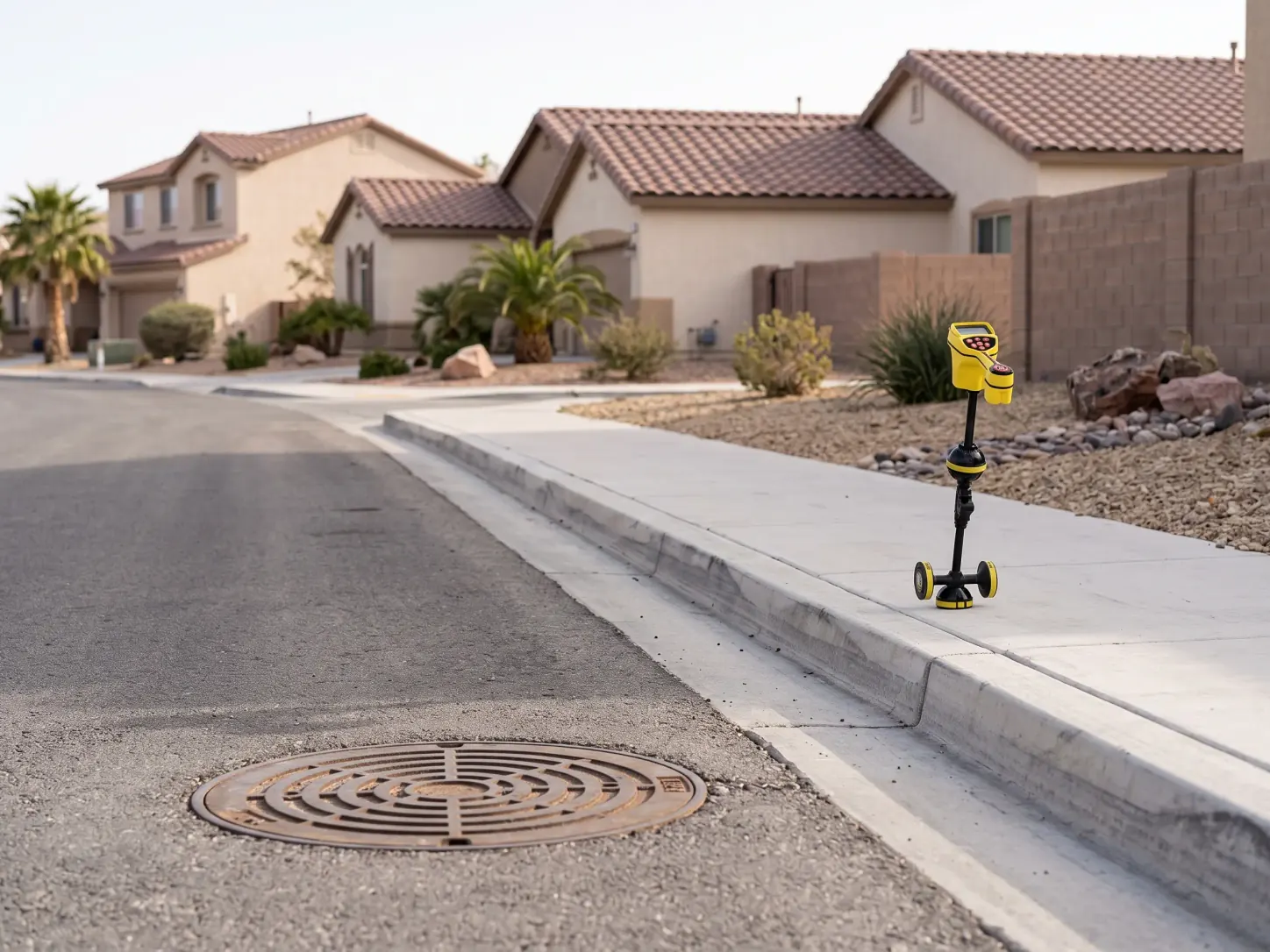 Residential street with a manhole cover in the pavement, houses beyond, and a yellow locator receiver on the sidewalk