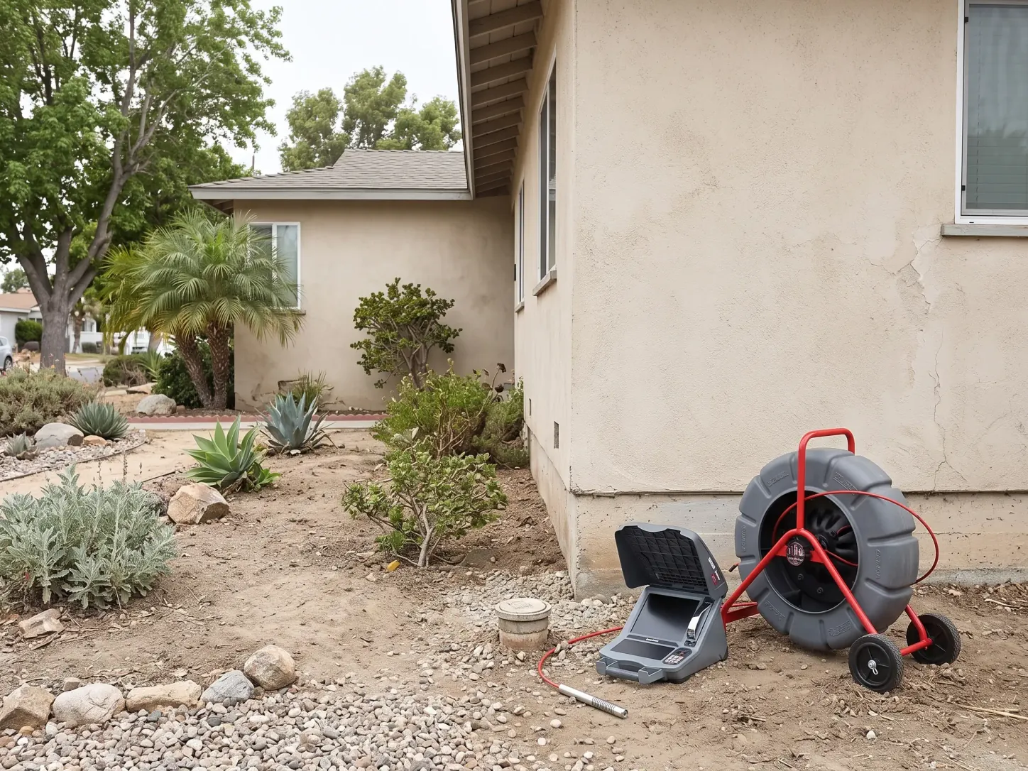 Home exterior with a capped cleanout pipe in the yard, and a sewer camera reel with an open monitor beside it