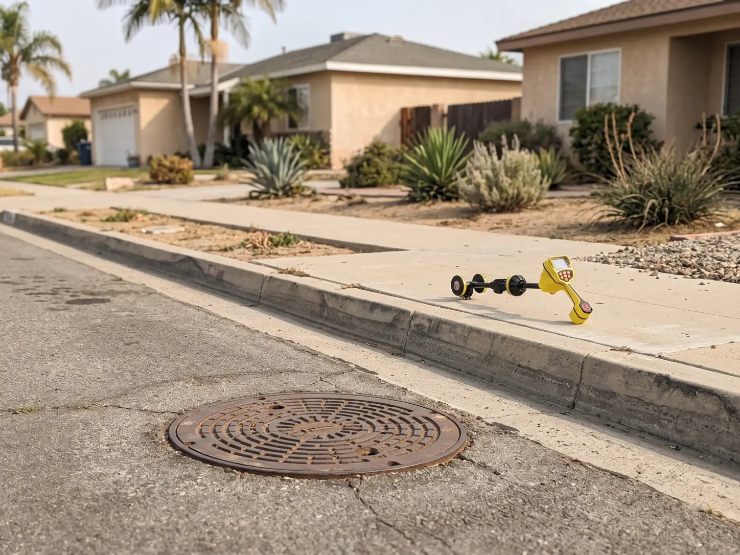 Residential street with a manhole cover in the pavement, houses beyond, and a yellow locator receiver on the sidewalk