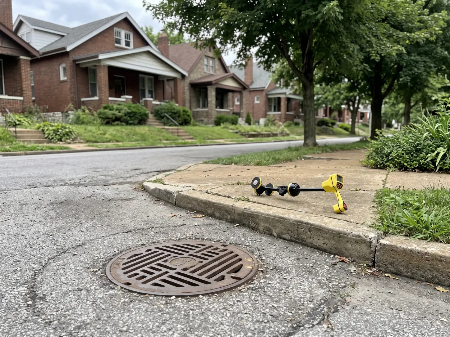 Residential street with a manhole cover in the pavement, houses beyond, and a yellow locator receiver on the sidewalk
