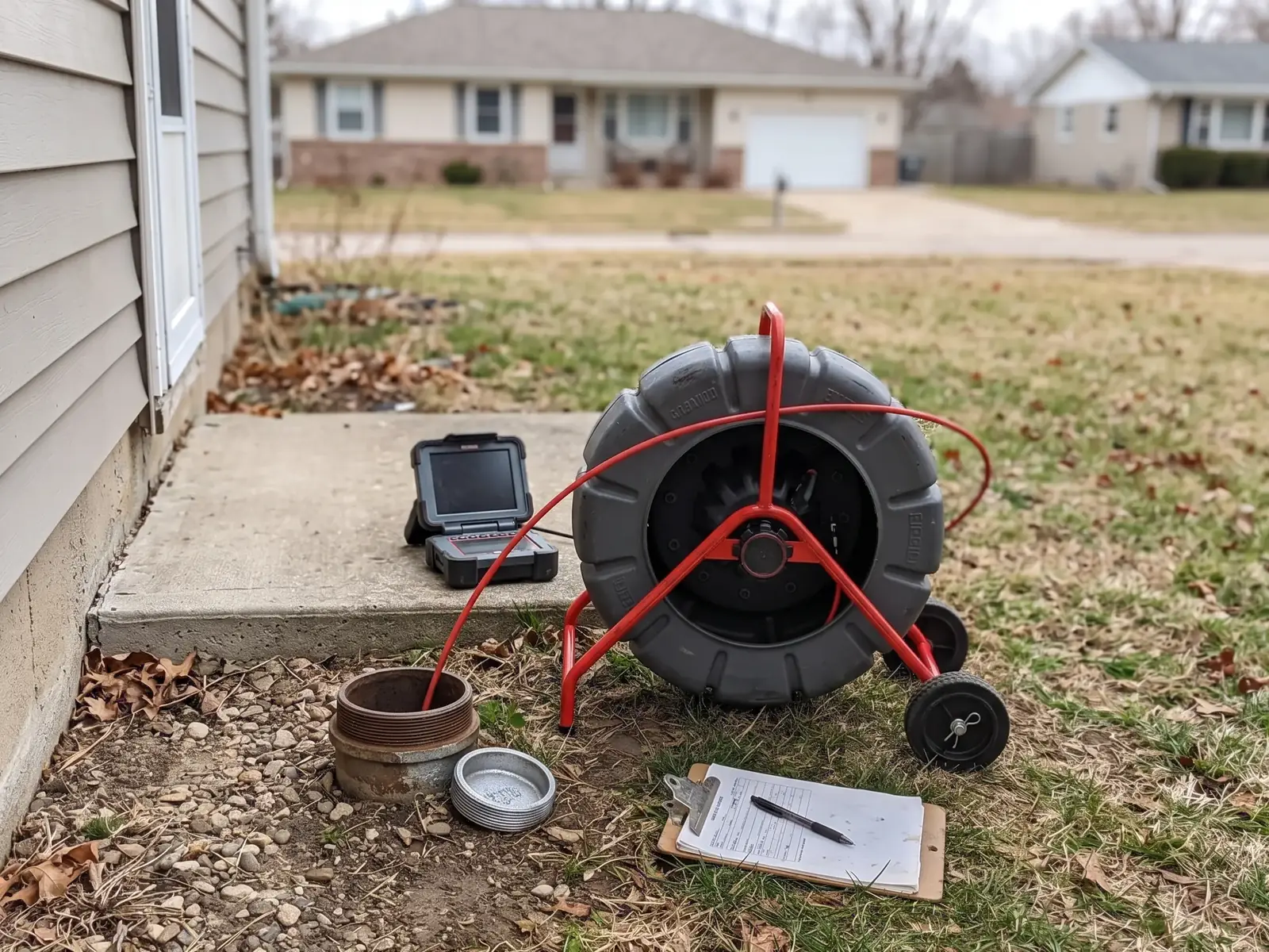 Sewer camera reel, a small monitor and a clipboard with a form on the ground beside an open cleanout at the corner of a house, with other homes across the street