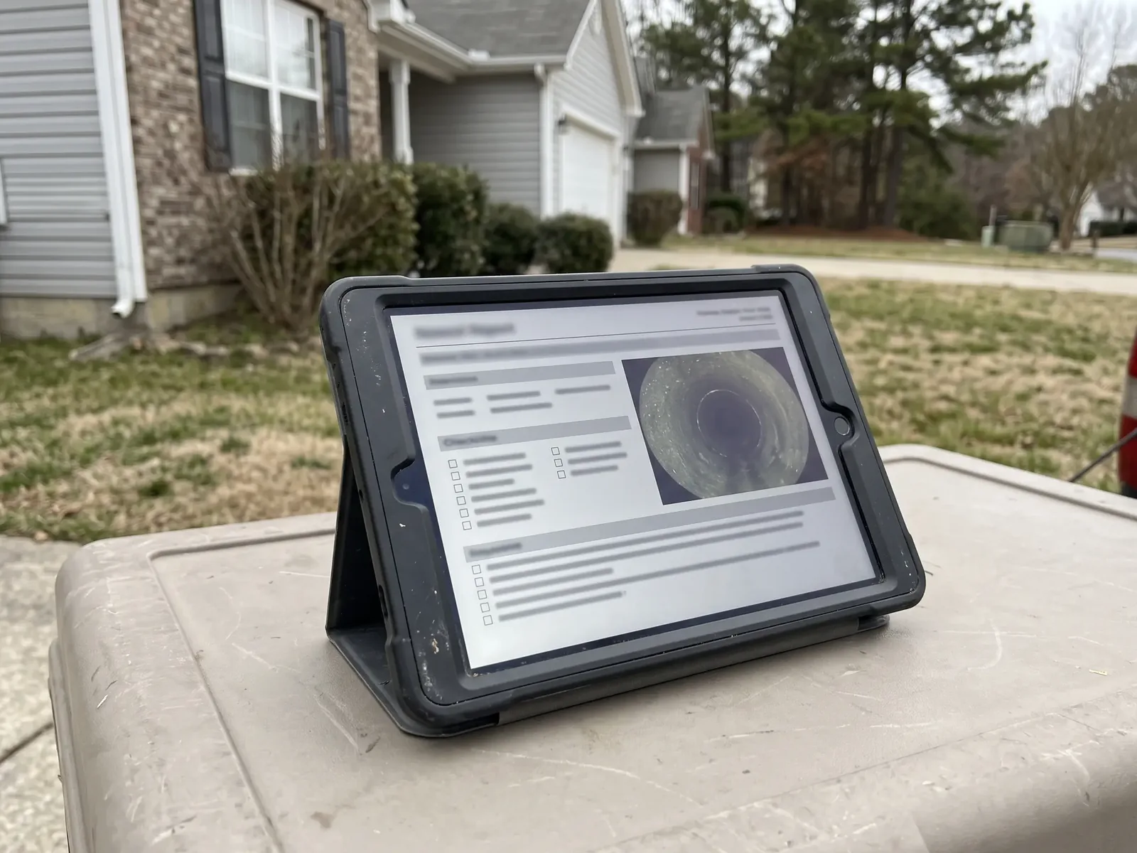 A tablet in a case showing a blurred document and a pipe image, standing on a bin in front of a house